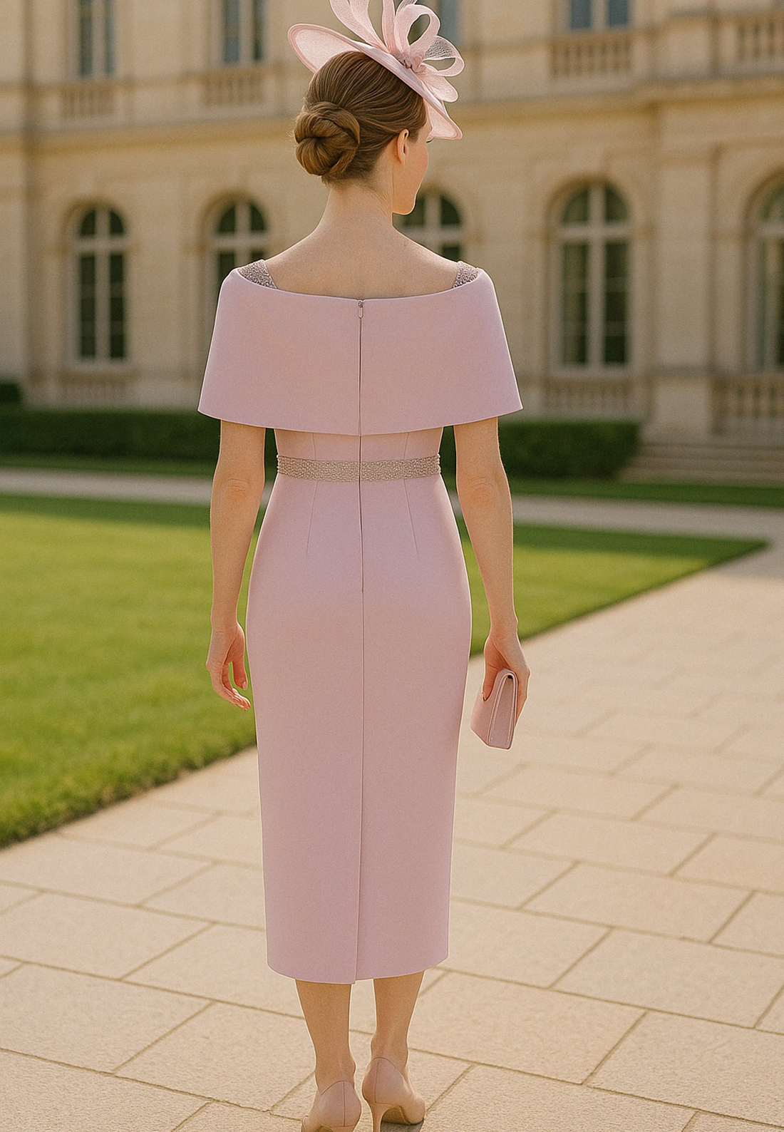 Bateau Neck Sheath Shawl Pale Blush Tea-Length Mother of the Bride Dress