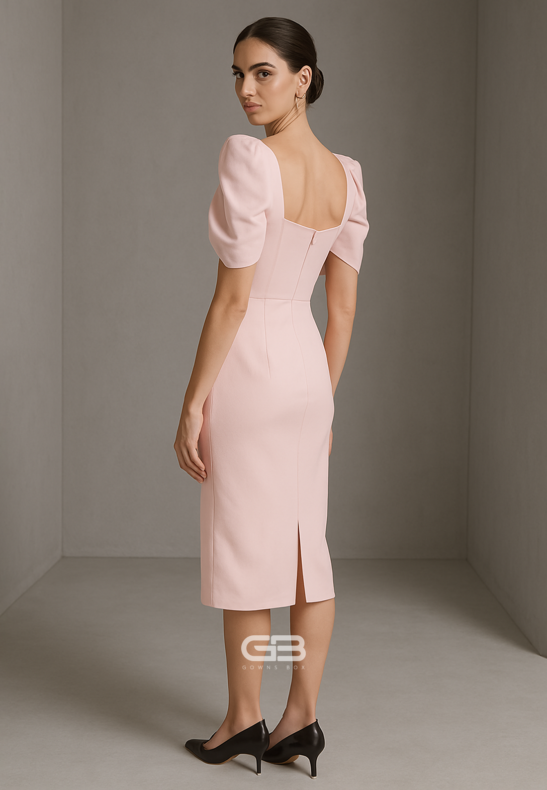Blush Tea-Length Square Neck Short Sleeves Sheath Cocktail Dresses 