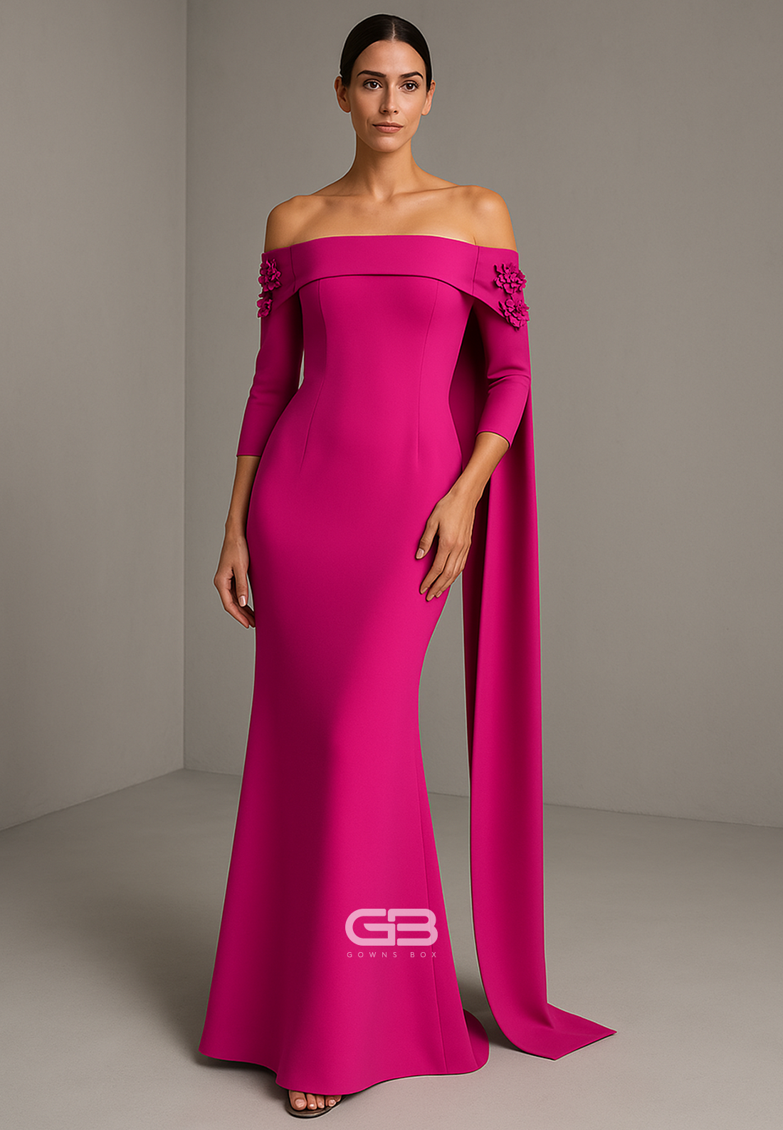 Fuchsia 3/4 Sleeve Side Draping Floor-Length Off the Shoulder Trumpet Evening Gowns