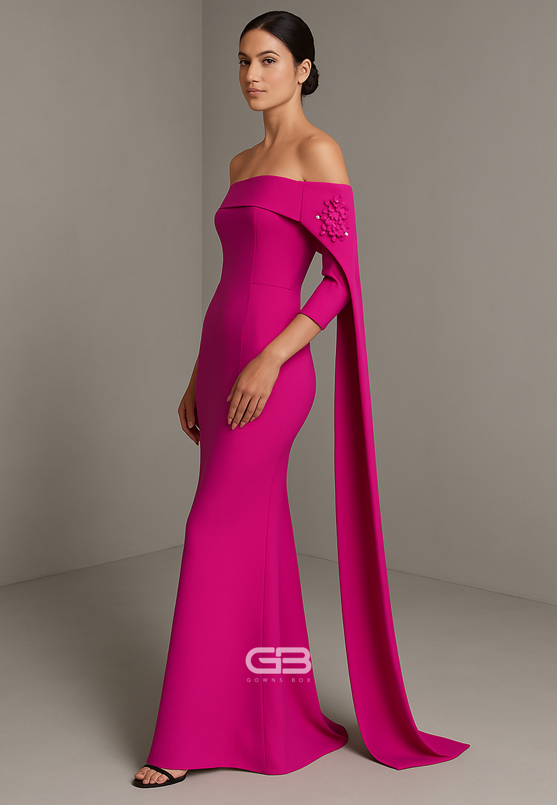 Fuchsia 3/4 Sleeve Side Draping Floor-Length Off the Shoulder Trumpet Evening Gowns