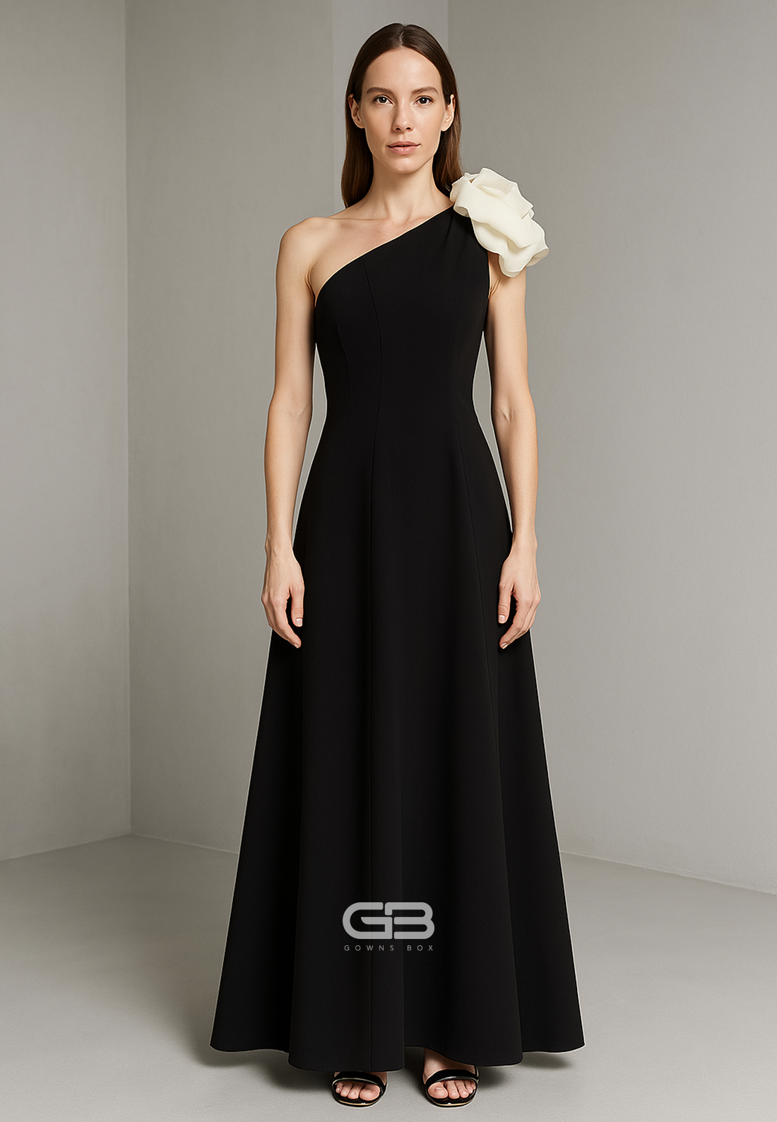 Black One Shoulder A-Line Ankle-Length Shoulder Flower Evening Gowns