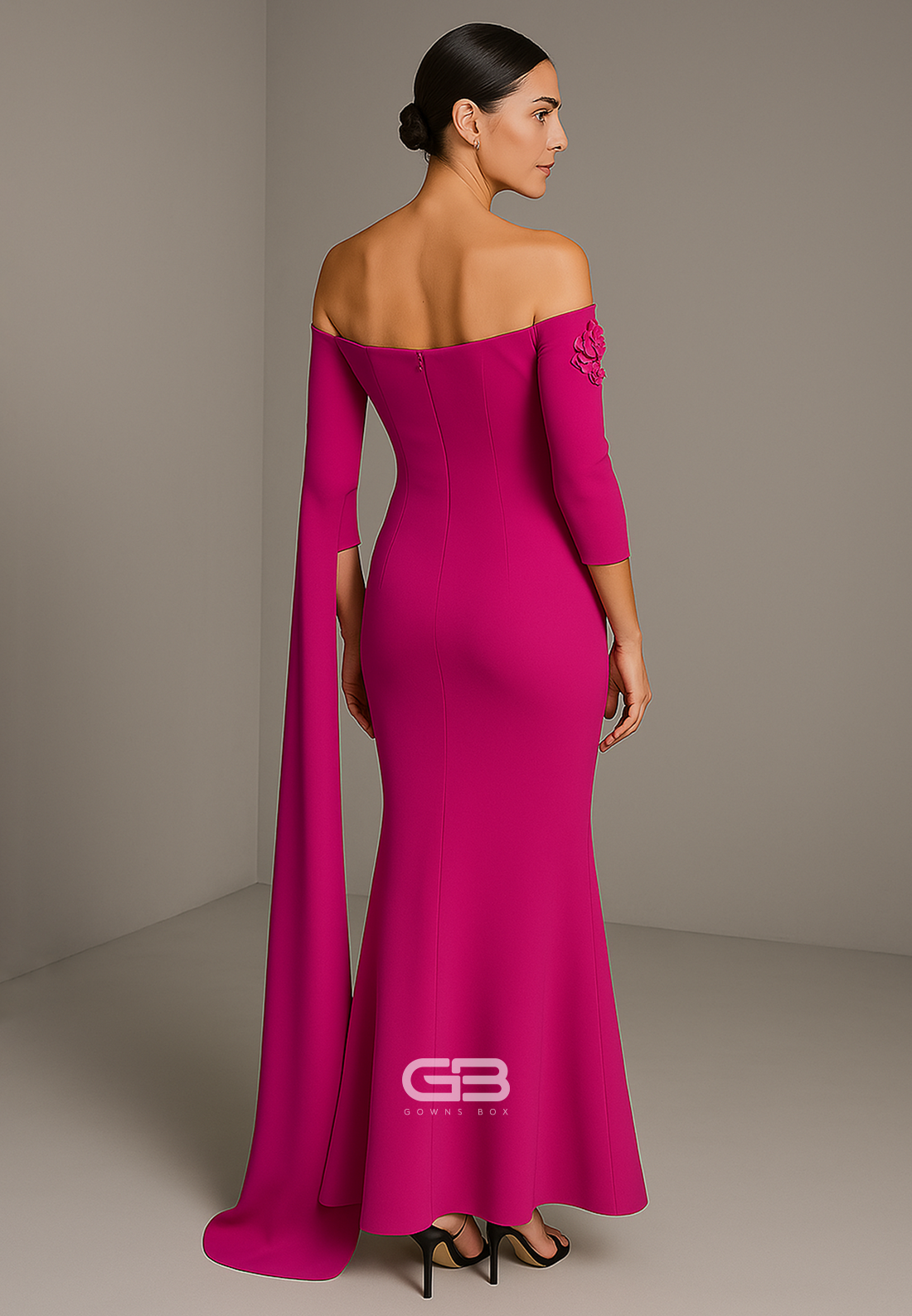 Fuchsia 3/4 Sleeve Side Draping Floor-Length Off the Shoulder Trumpet Evening Gowns