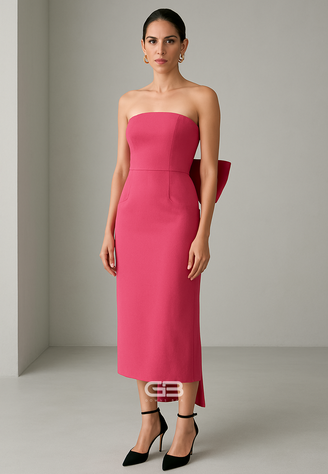 Tea-Length Strapless Bowknot Column Low Back Evening Gowns with Bowknot