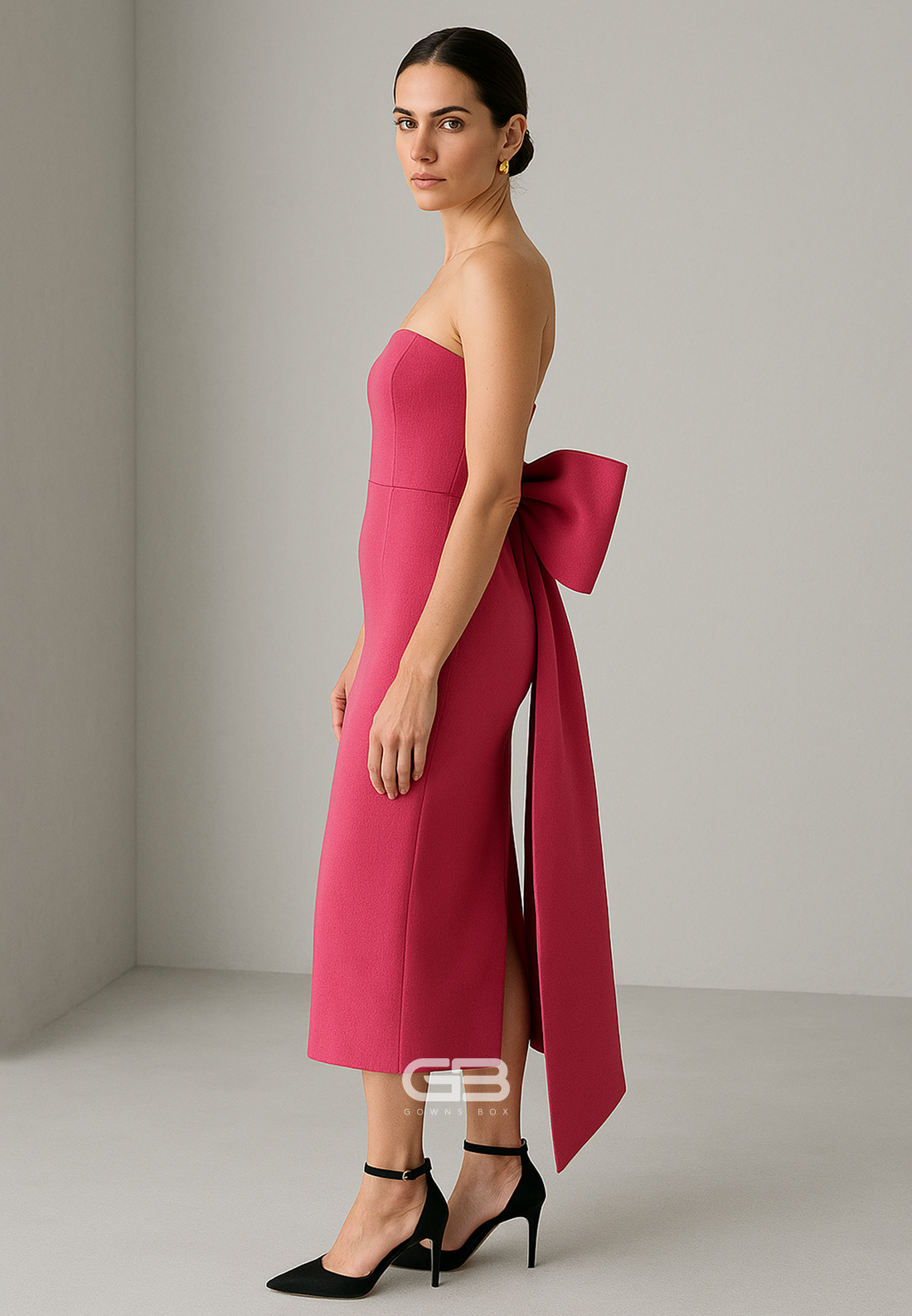 Tea-Length Strapless Bowknot Column Low Back Evening Gowns with Bowknot