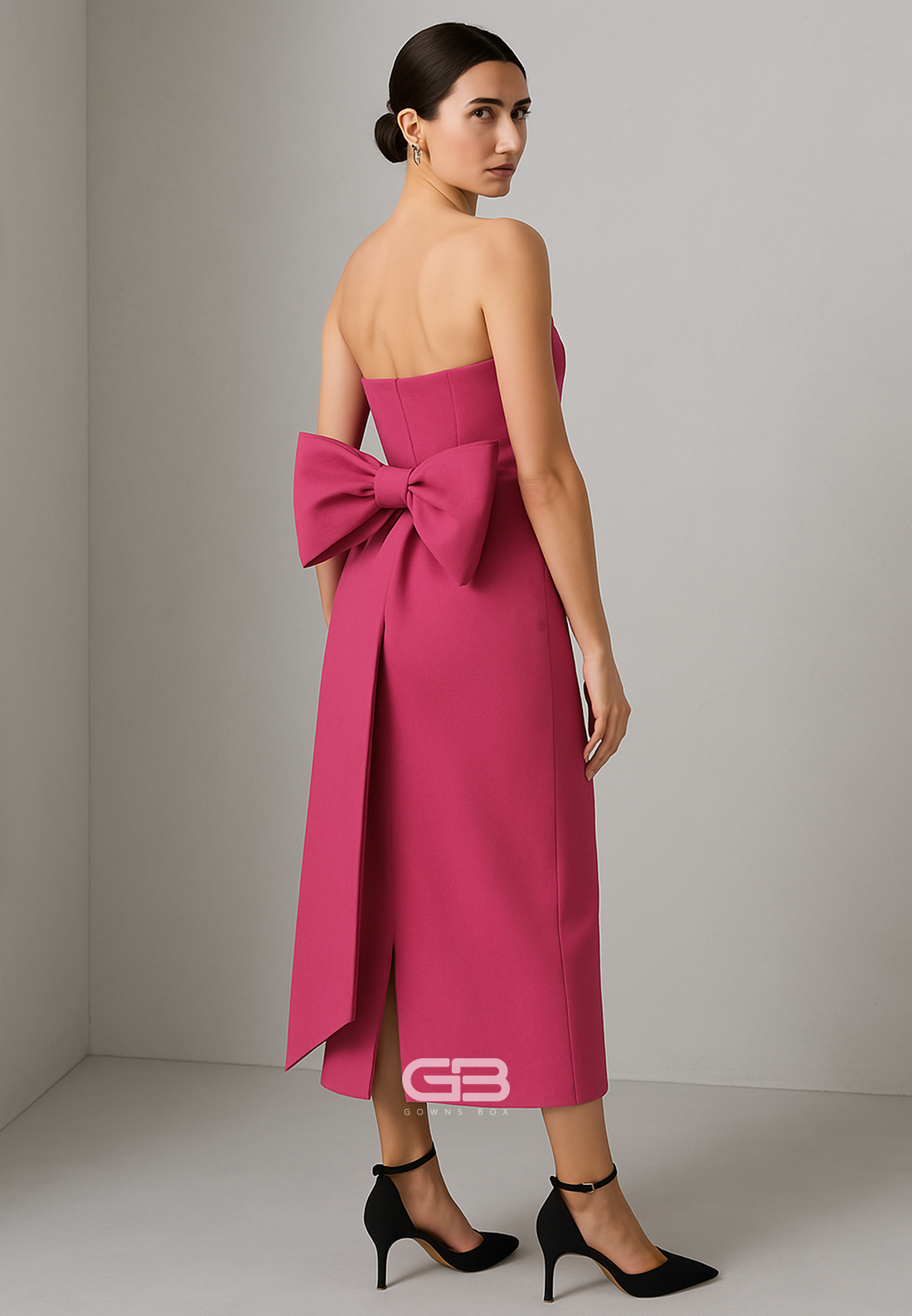 Tea-Length Strapless Bowknot Column Low Back Evening Gowns with Bowknot