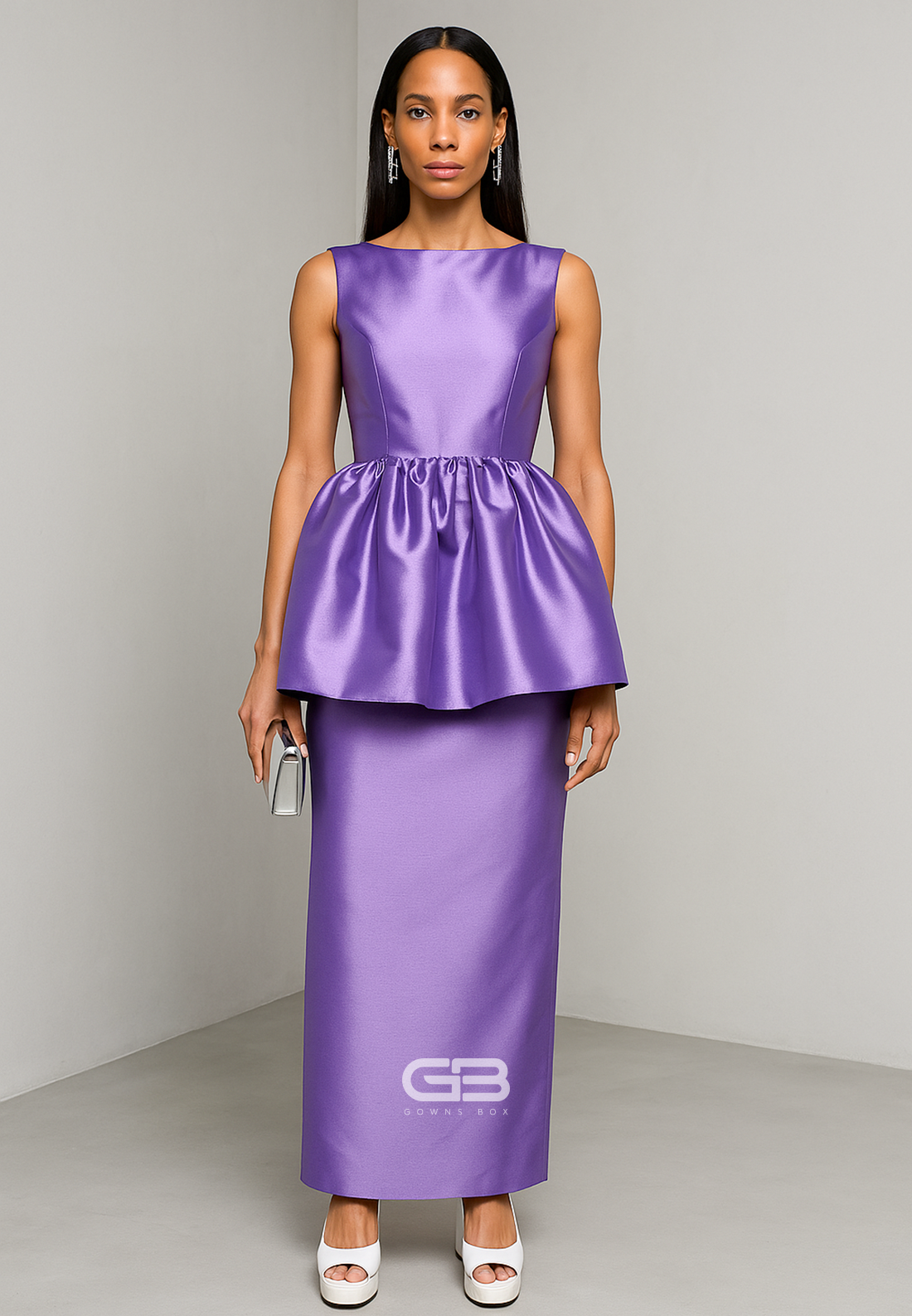 Purple Satin Pleated Column Bateau Neck Ankle-Length Evening Gowns