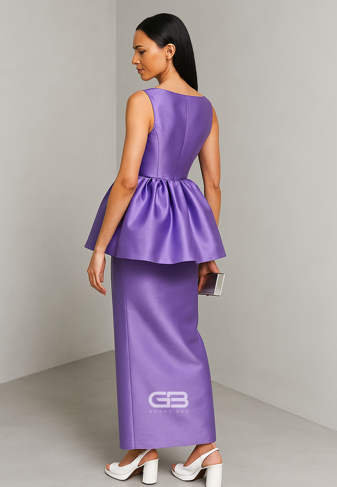 Purple Satin Pleated Column Bateau Neck Ankle-Length Evening Gowns