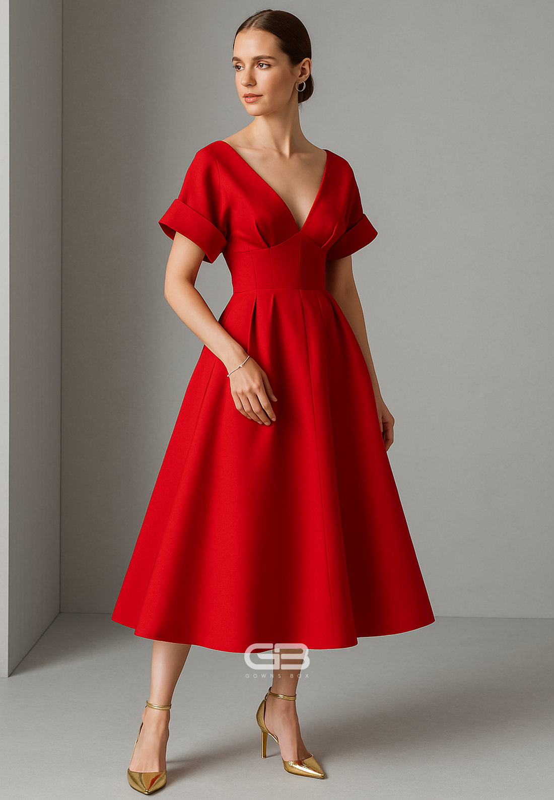 Red Short Sleeves Tea-Length Cocktail Dresses A-Line Pleated V Back Evening Gowns