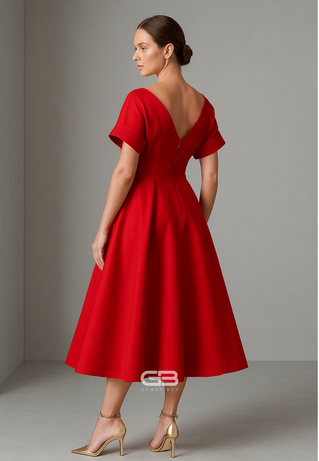 Red Short Sleeves Tea-Length Cocktail Dresses A-Line Pleated V Back Evening Gowns