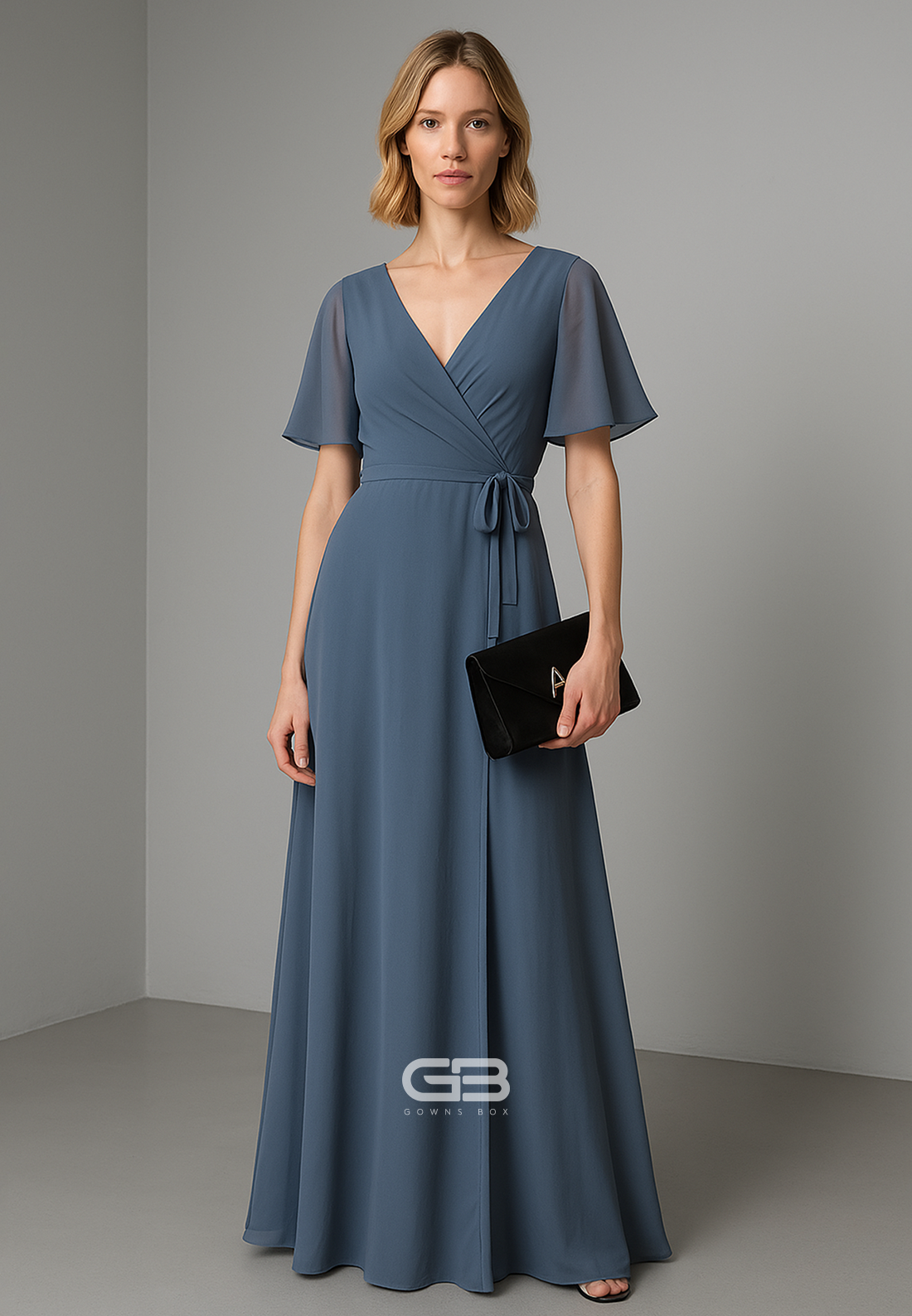 Santorini Blue V-Neck A-Line Short Sleeves Pleated Floor-Length Chiffon Evening Gowns