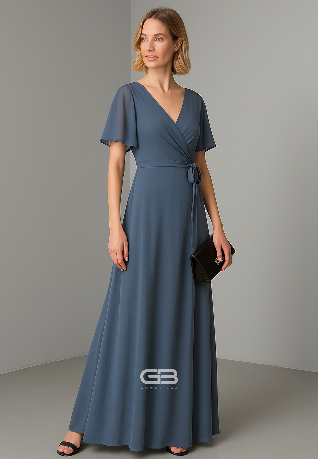 Santorini Blue V-Neck A-Line Short Sleeves Pleated Floor-Length Chiffon Evening Gowns