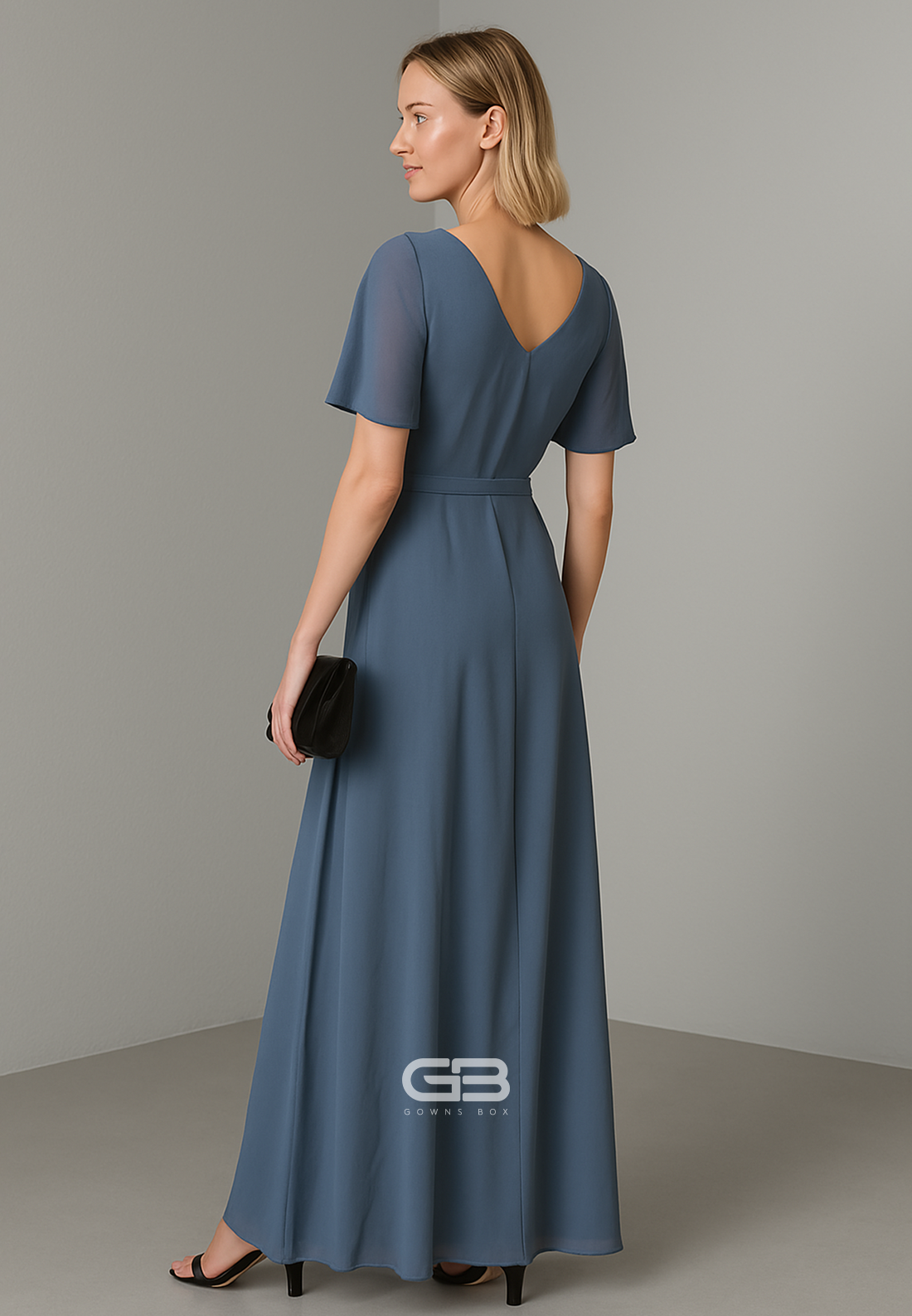 Santorini Blue V-Neck A-Line Short Sleeves Pleated Floor-Length Chiffon Evening Gowns