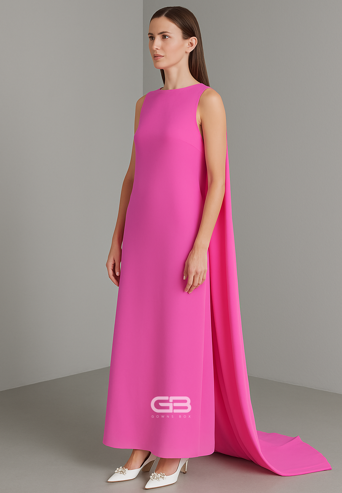 Elegant Fuchsia Sleeveless Ankle-Length Evening Gowns with Cape