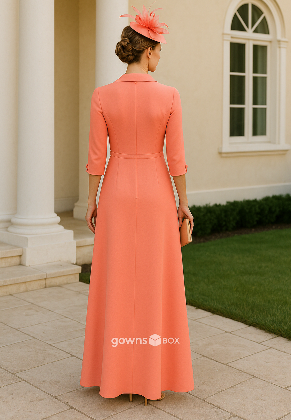 Tangerine Applique A-Line Pleated 3/4 Sleeve V-Neck Mother of the Bride Dresses