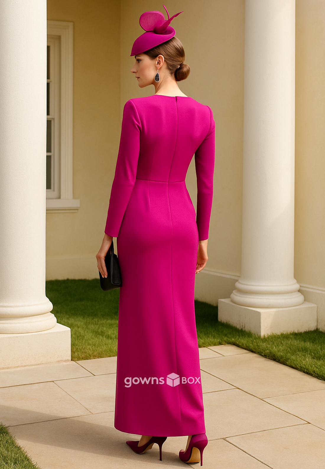 Ankle-Length Low V-Neck A-Line Pleated Long Sleeves Sheath Mother of the Bride Dresses
