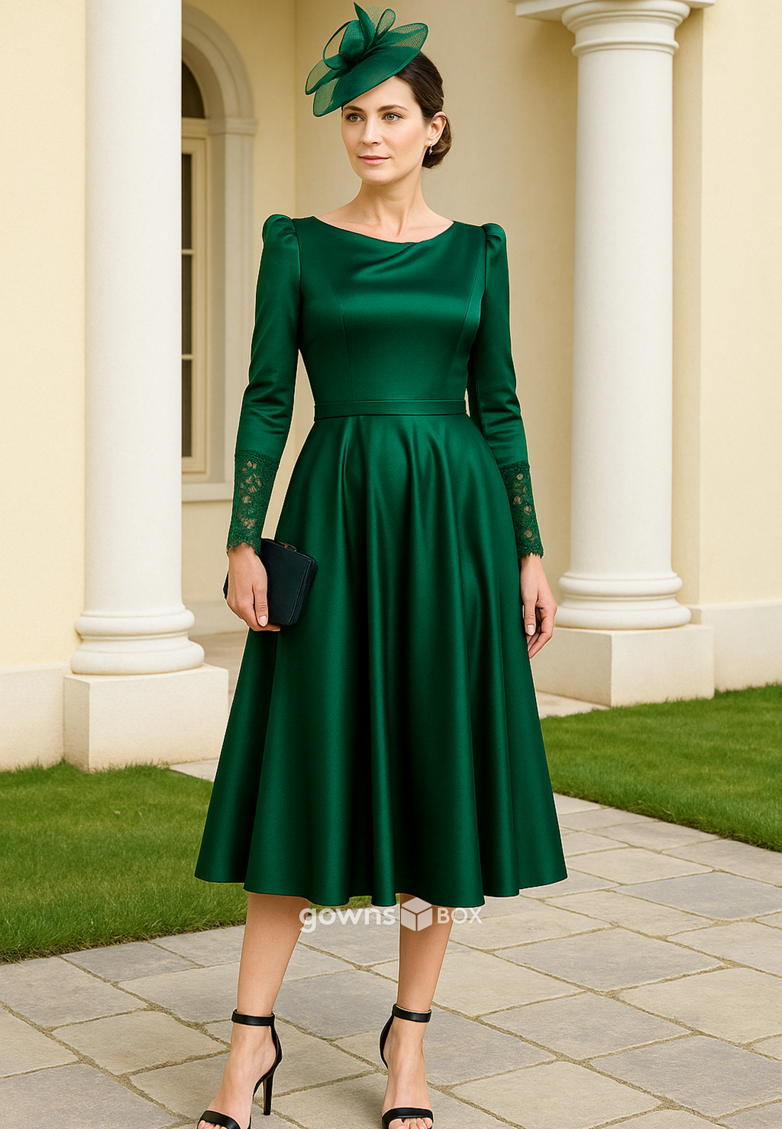 Dark Green Long Sleeves Pleated A-Line Tea-Length Satin Lace Mother of the Bride Dresses