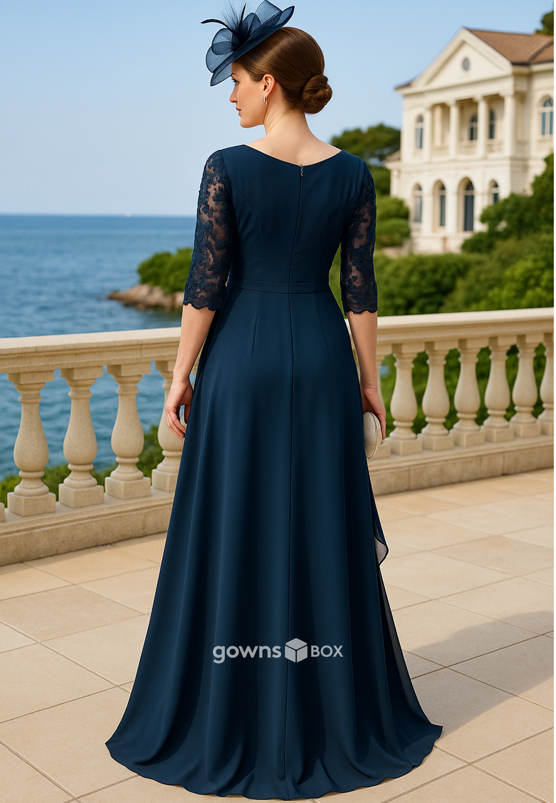 Floor-Length A-Line V-Neck Ruffles Half Sleeves Lace Pleated Mother of the Bride Dresses