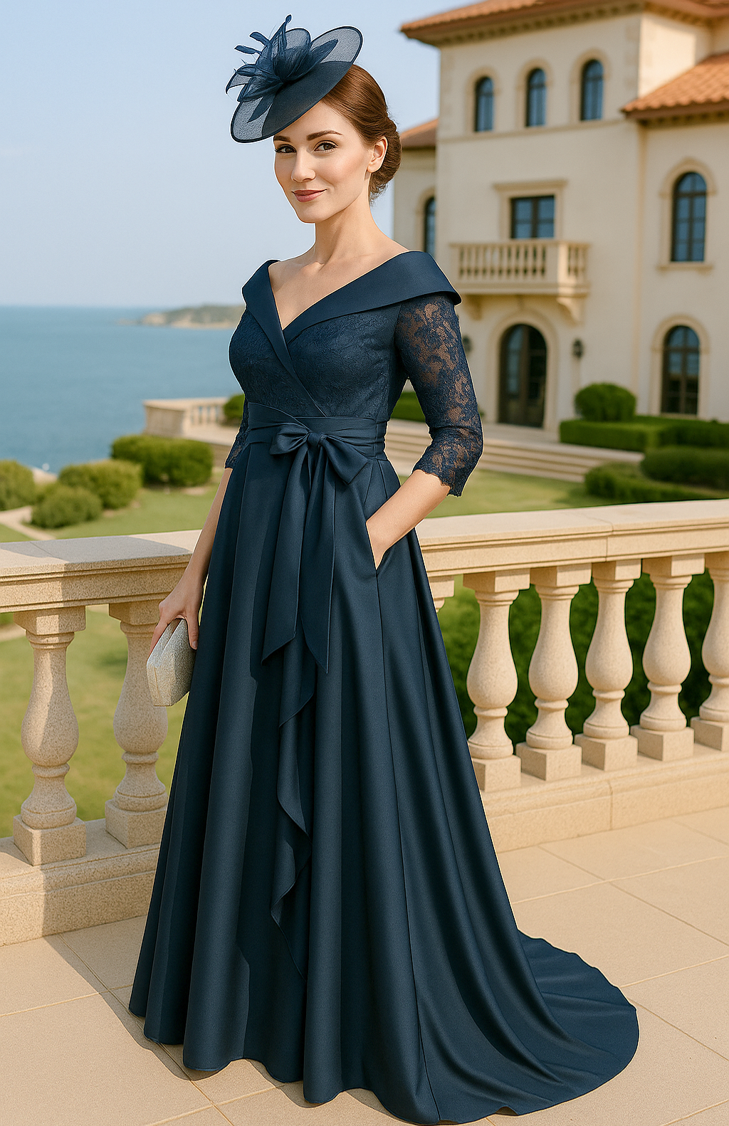 Bowknot 3/4 Sleeve V-Neck Floor-Length A-Line Pleated Ruched V Back Mother of Bride Dresses