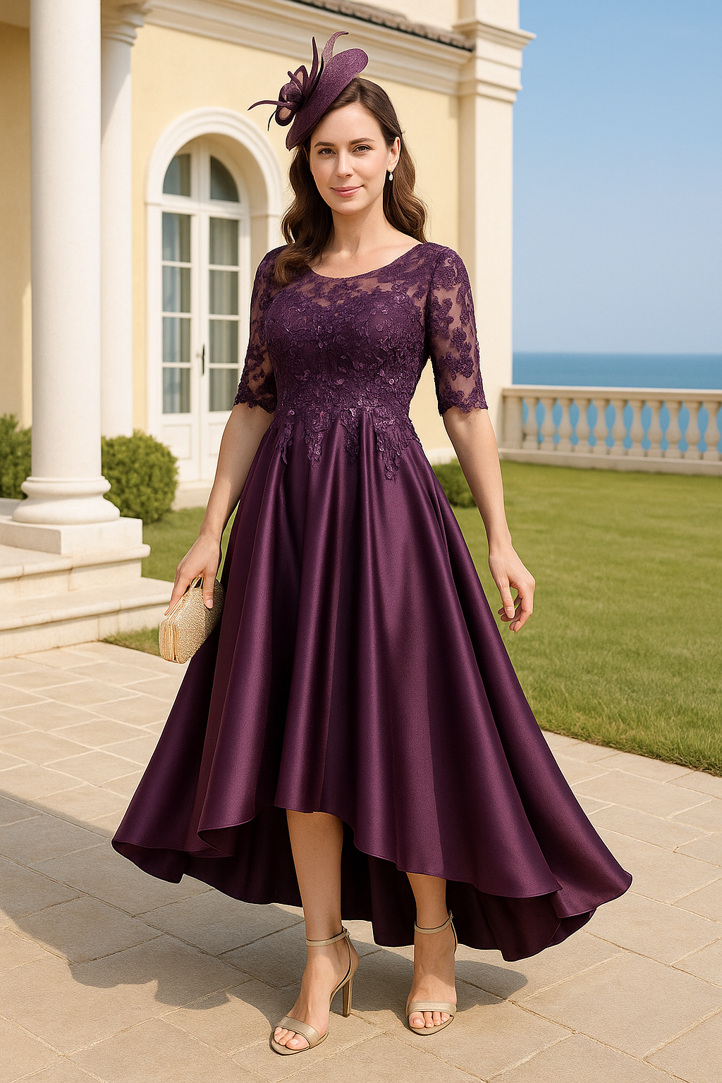Asymmetrical Illusion Neck Half Sleeves A-Line Pleated Appliqued Mother of Bride Dresses
