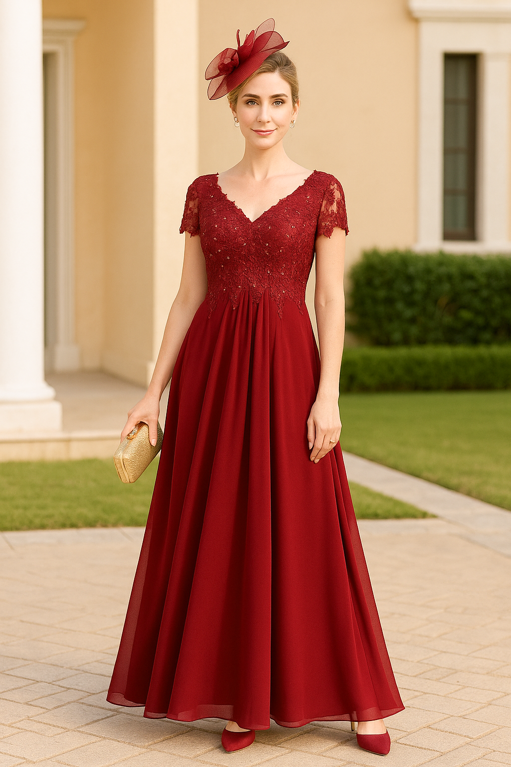Red V-Neck Short Sleeves Lace A-Line Ankle-Length Mother of the Bride Dresses