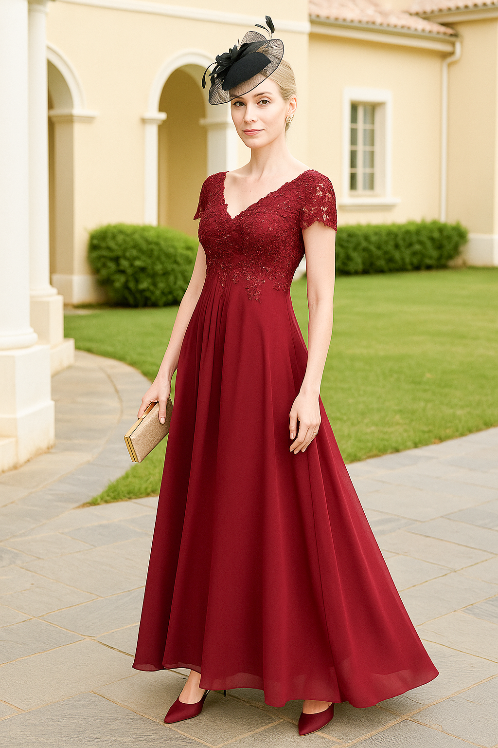 Red V-Neck Short Sleeves Lace A-Line Ankle-Length Mother of the Bride Dresses