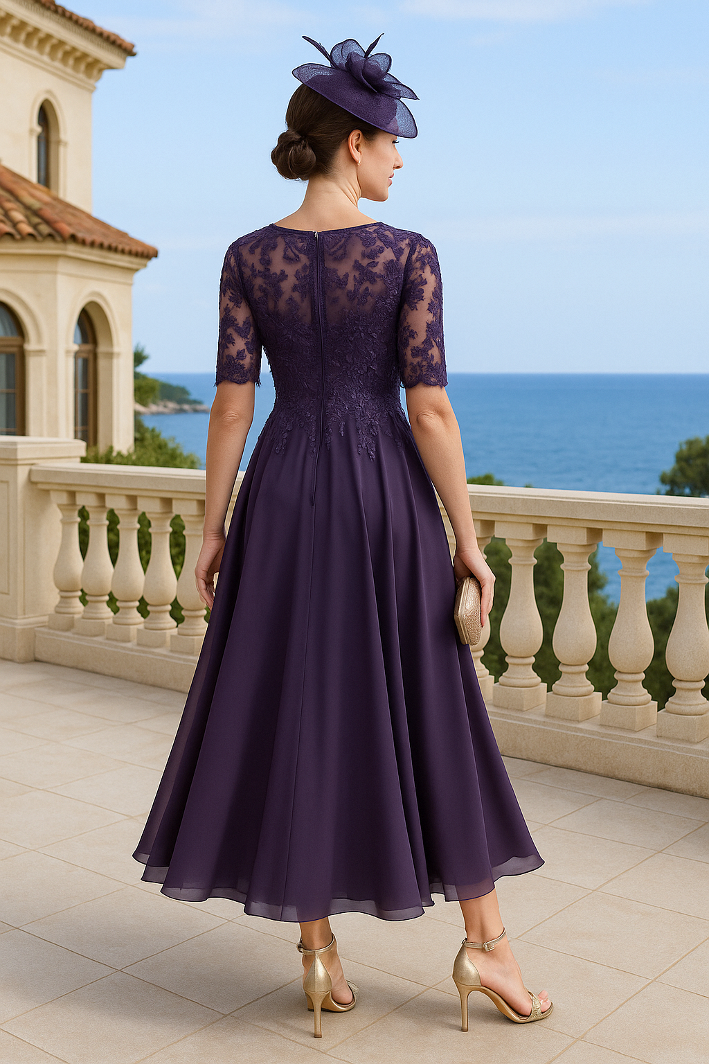 Tea-Length Illusion Neck Half Sleeves A-Line Ruched Mother of the Bride Dresses