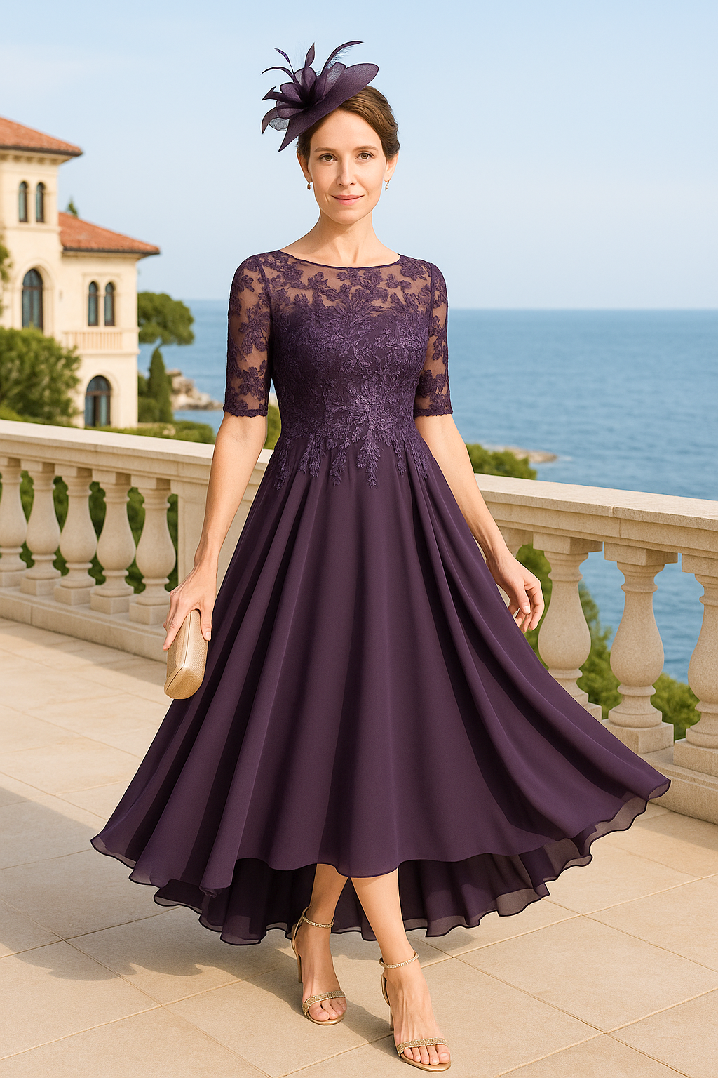 Tea-Length Illusion Neck Half Sleeves A-Line Ruched Mother of the Bride Dresses
