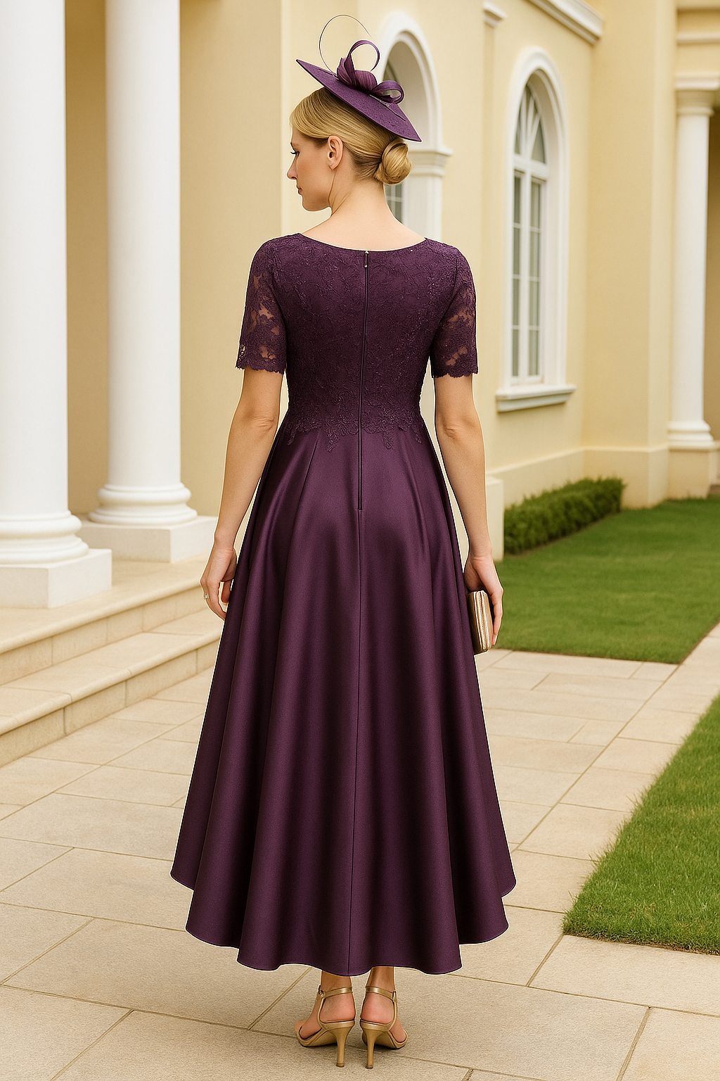 Asymmetrical Illusion Neck Half Sleeves A-Line Pleated Appliqued Mother of Bride Dresses