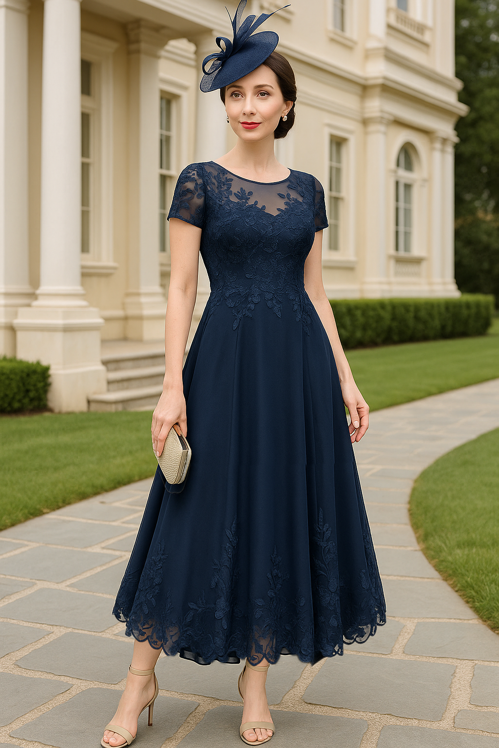 Scoop Ankle-Length A-Line Cap Sleeves Pleated Lace Mother of Bride Dresses