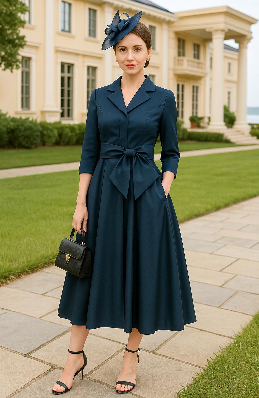 Tea-Length Bowknot 3/4 Sleeve V-Neck A-Line Ruched Mother of Bride Dresses