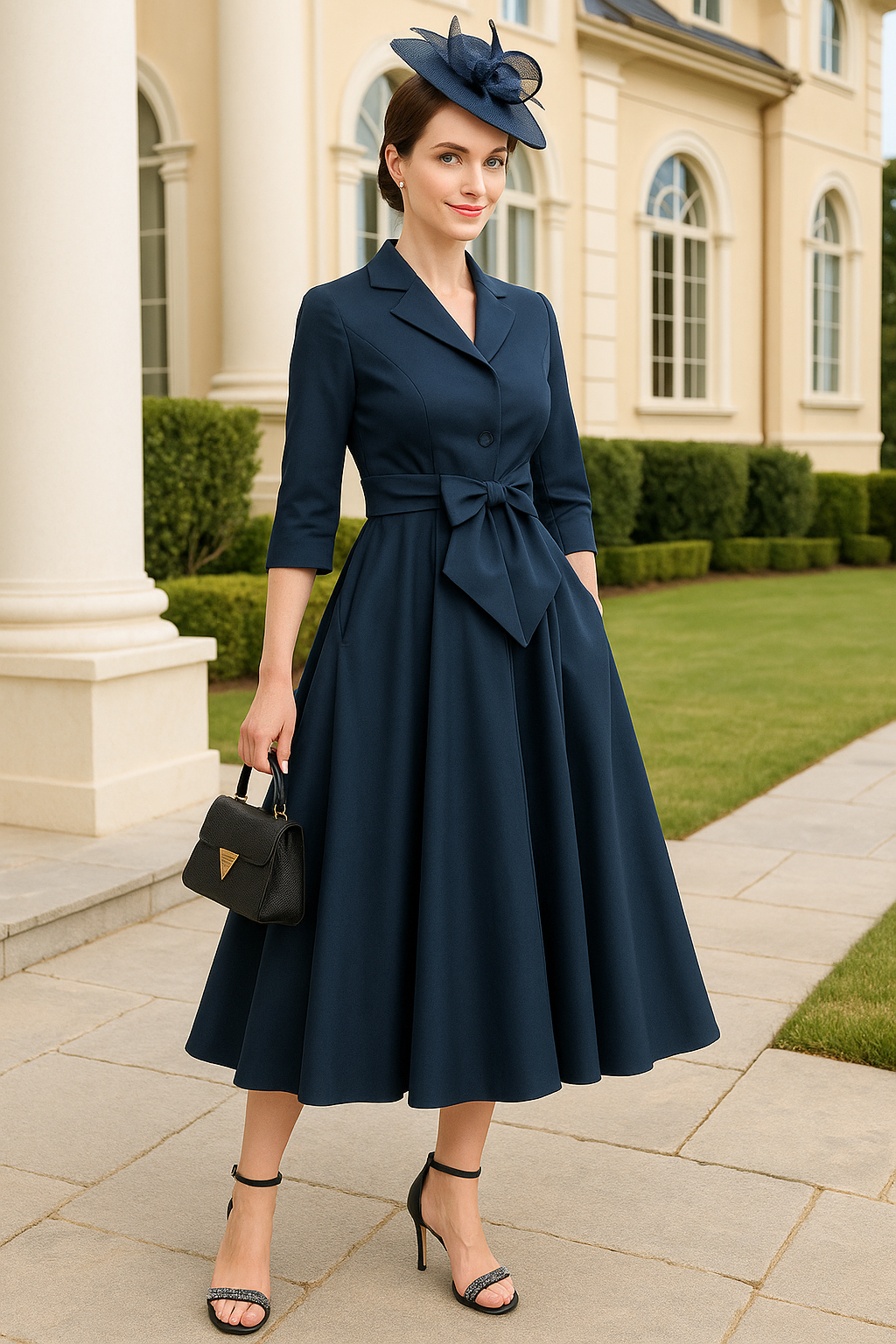 Tea-Length Bowknot 3/4 Sleeve V-Neck A-Line Ruched Mother of Bride Dresses