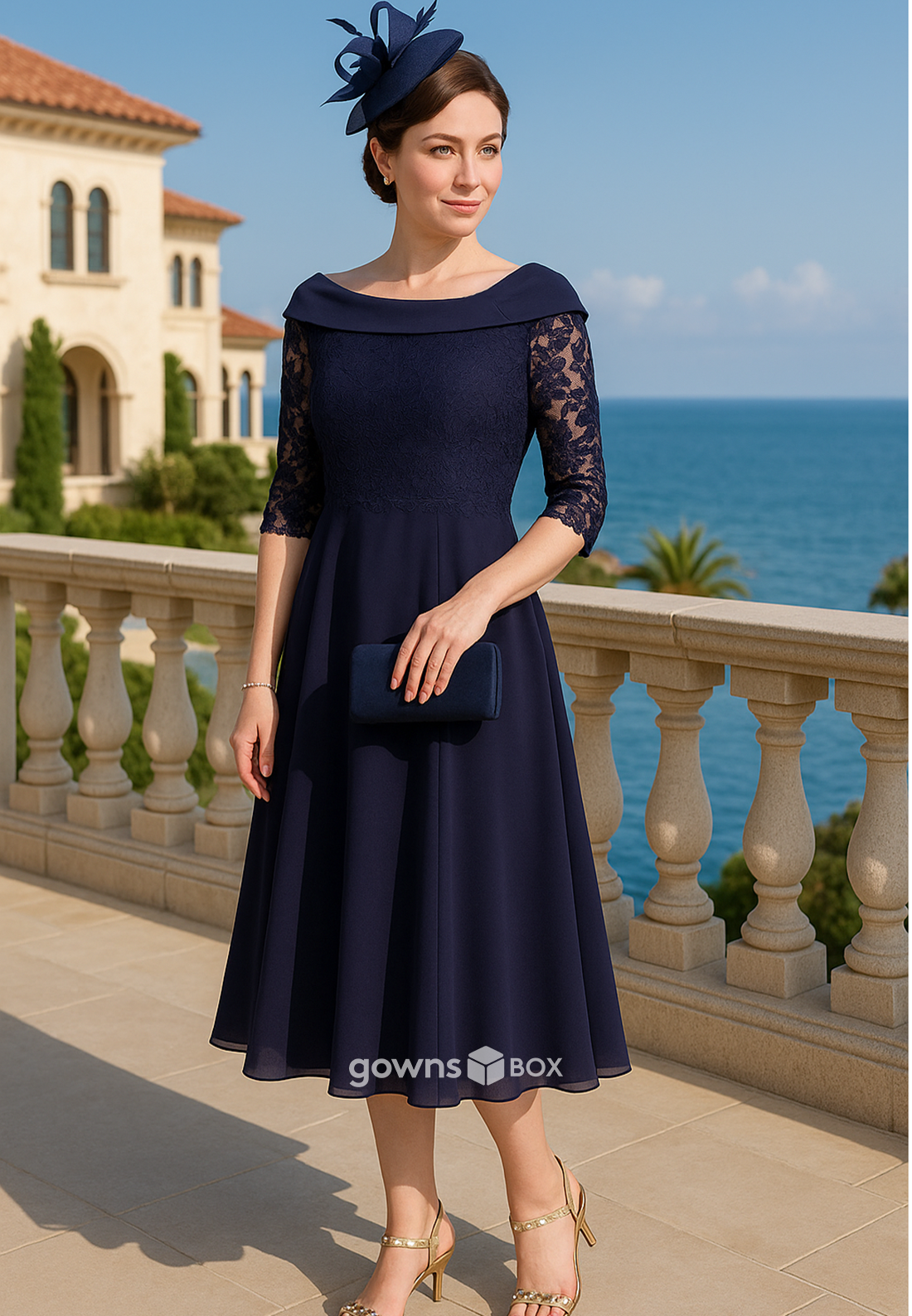 Navy Blue Tea-Length Half Sleeves A-Line Lace Pleated Mother of the Bride Dresses