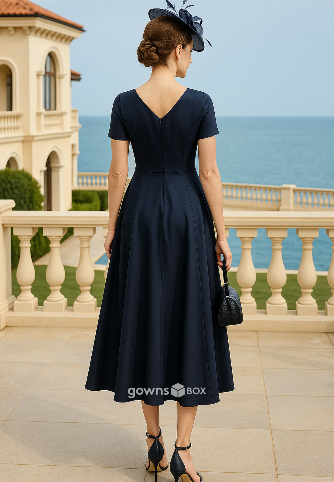 V-Neck Satin Short Sleeves Tea-Length V Back A-Line Pleated Mother of the Bride Dresses