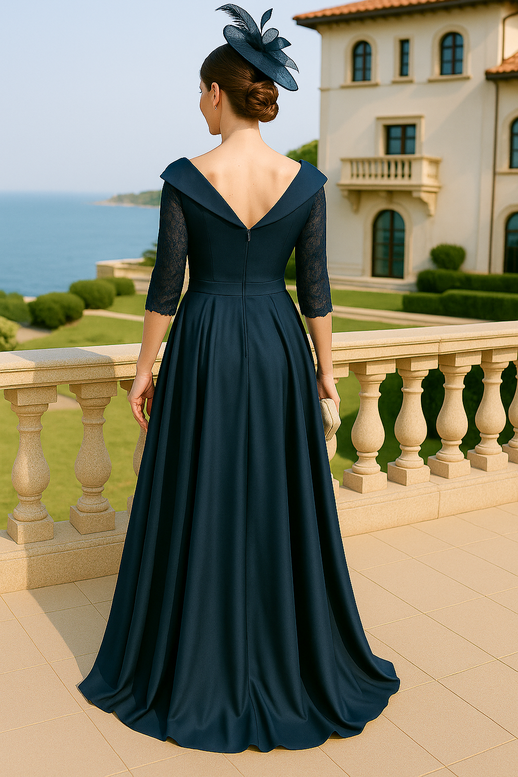 Bowknot 3/4 Sleeve V-Neck Floor-Length A-Line Pleated Ruched V Back Mother of Bride Dresses