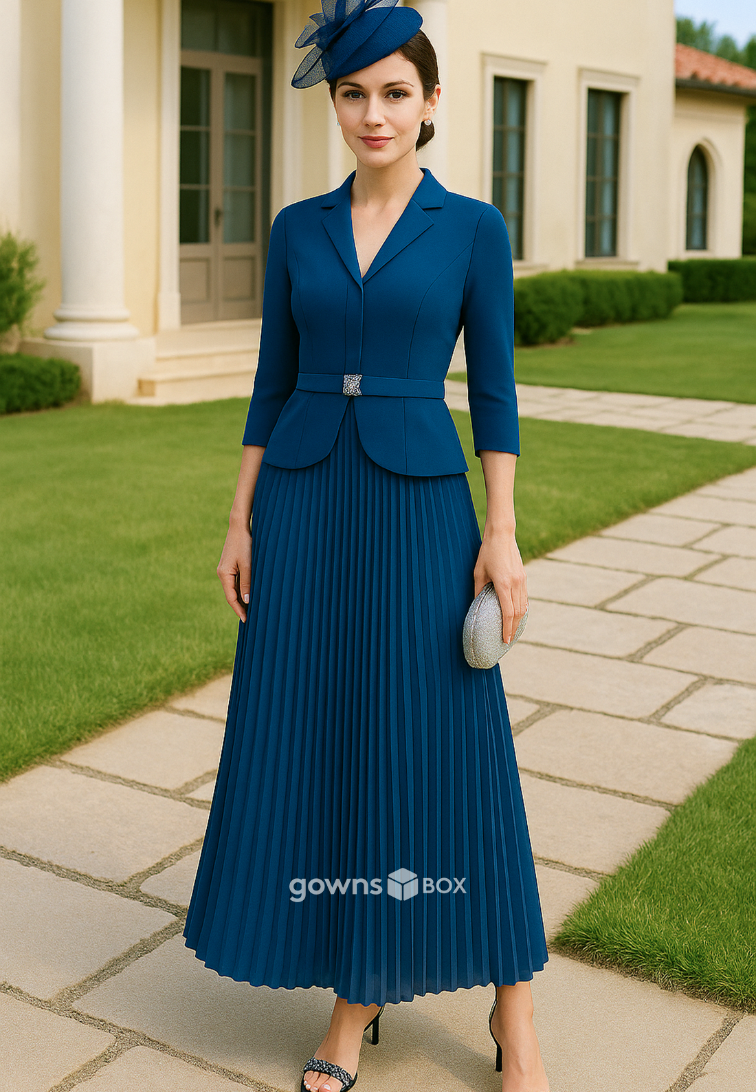 V-Neck 3/4 Sleeve Ankle-Length A-Line Mother of the Bride Dresses with Waistband