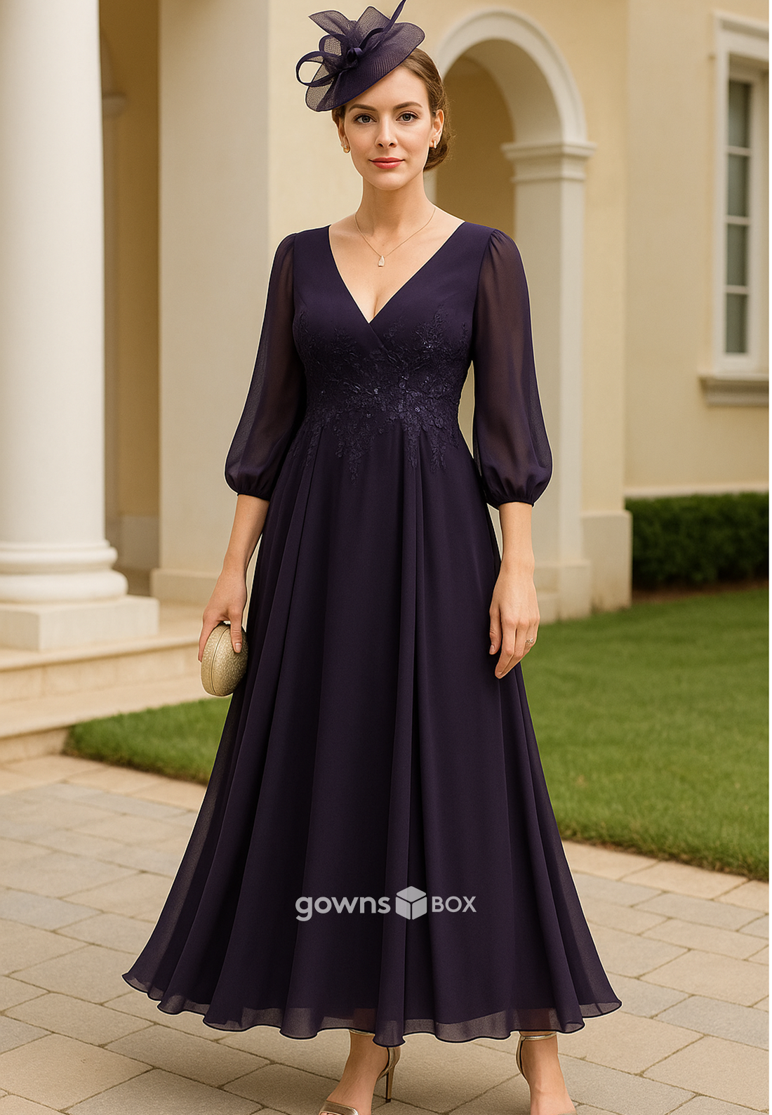 3/4 Sleeve V-Neck A-Line Ankle-Length Chiffon Pleated Mother of the Bride Dresses