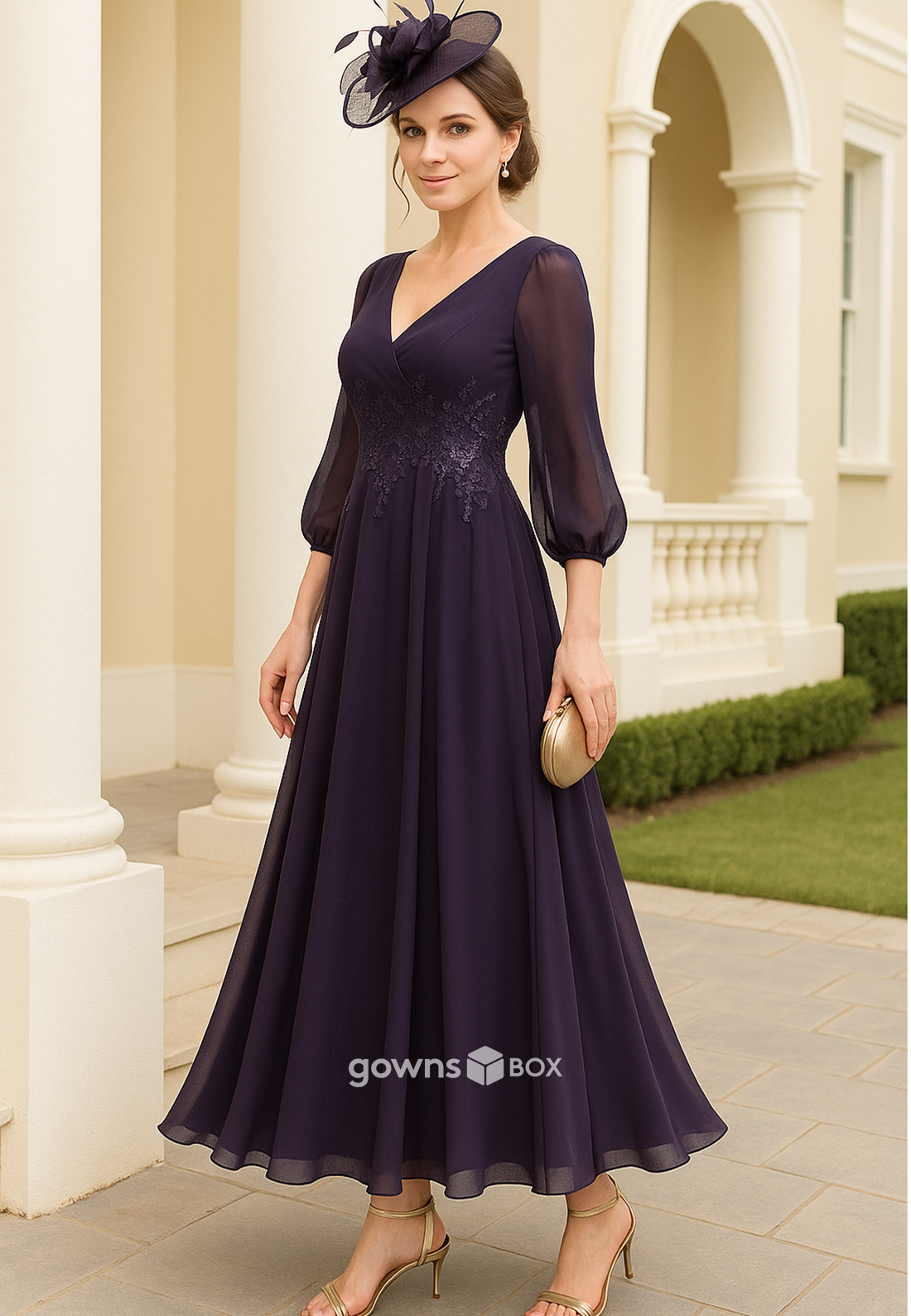 3/4 Sleeve V-Neck A-Line Ankle-Length Chiffon Pleated Mother of the Bride Dresses