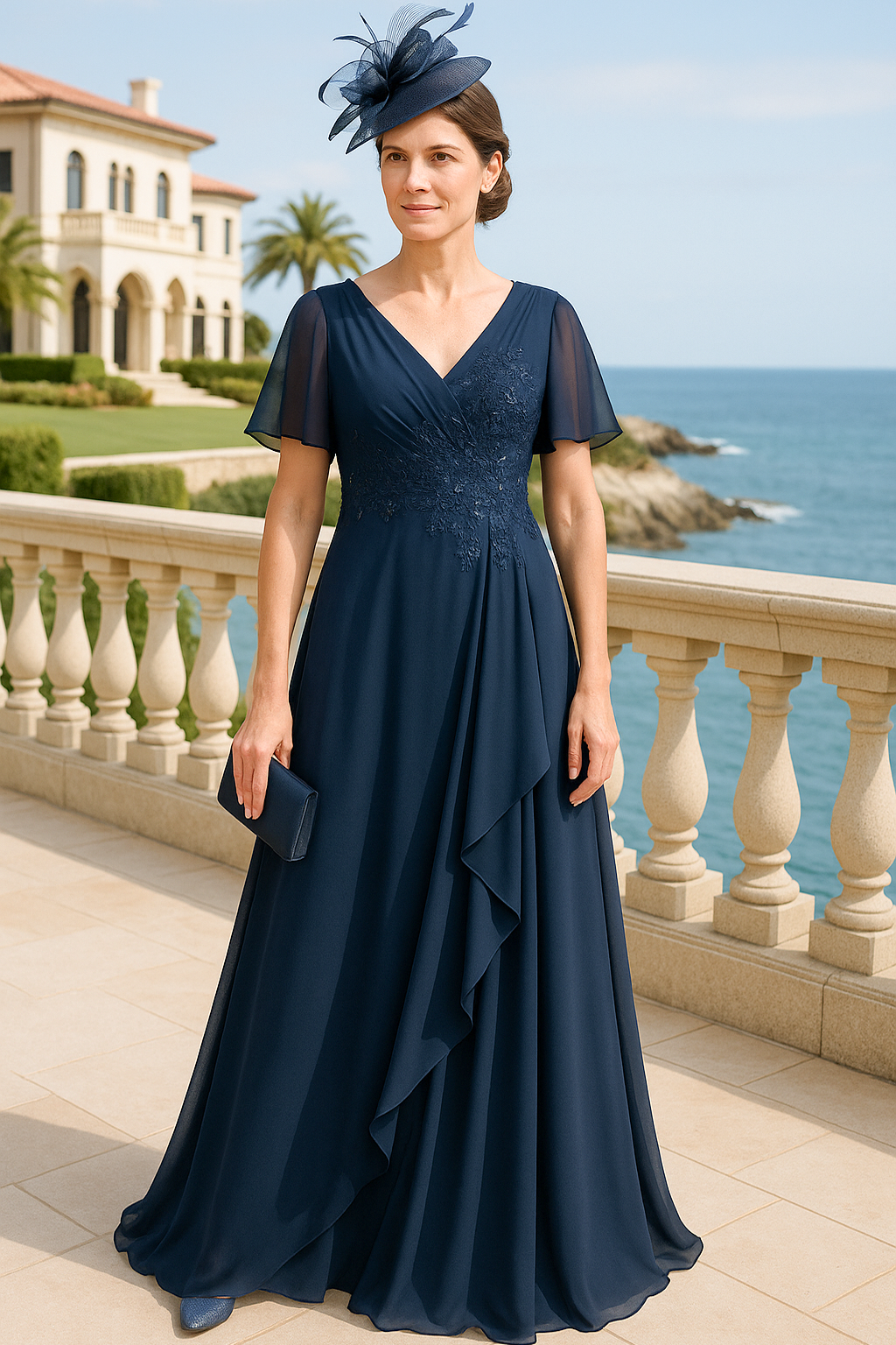 V-Neck Floor-Length Short Sleeve A-Line Ruched Mother of the Bride Dresses