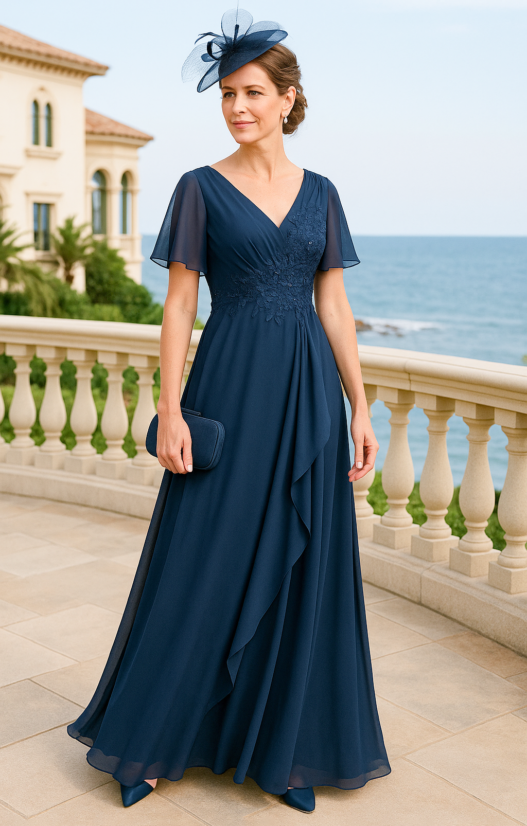 V-Neck Floor-Length Short Sleeve A-Line Ruched Mother of the Bride Dresses