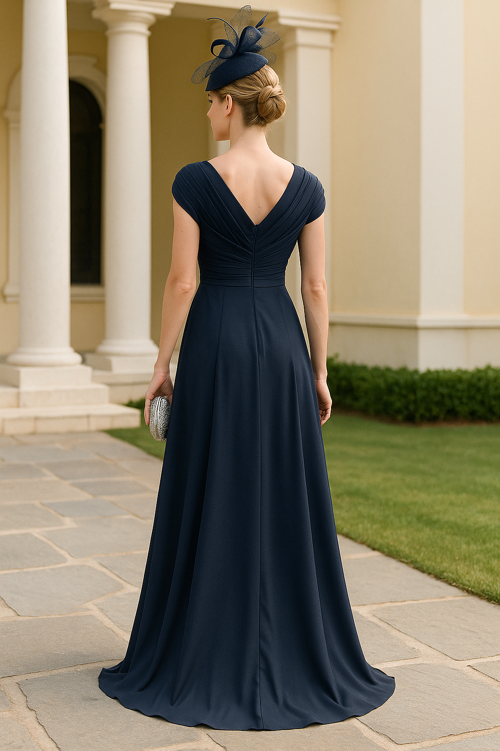 V-Neck Pleated Cap Sleeves V Back A-Line Floor-Length Mother of the Bride Dress