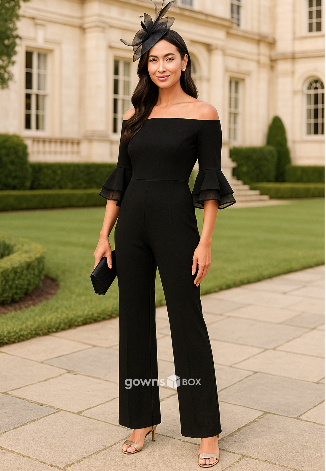 Off the Shoulder Bell Sleeves Ankle-Length Jumpsuit Mother of the Bride Dresses-GownsBox