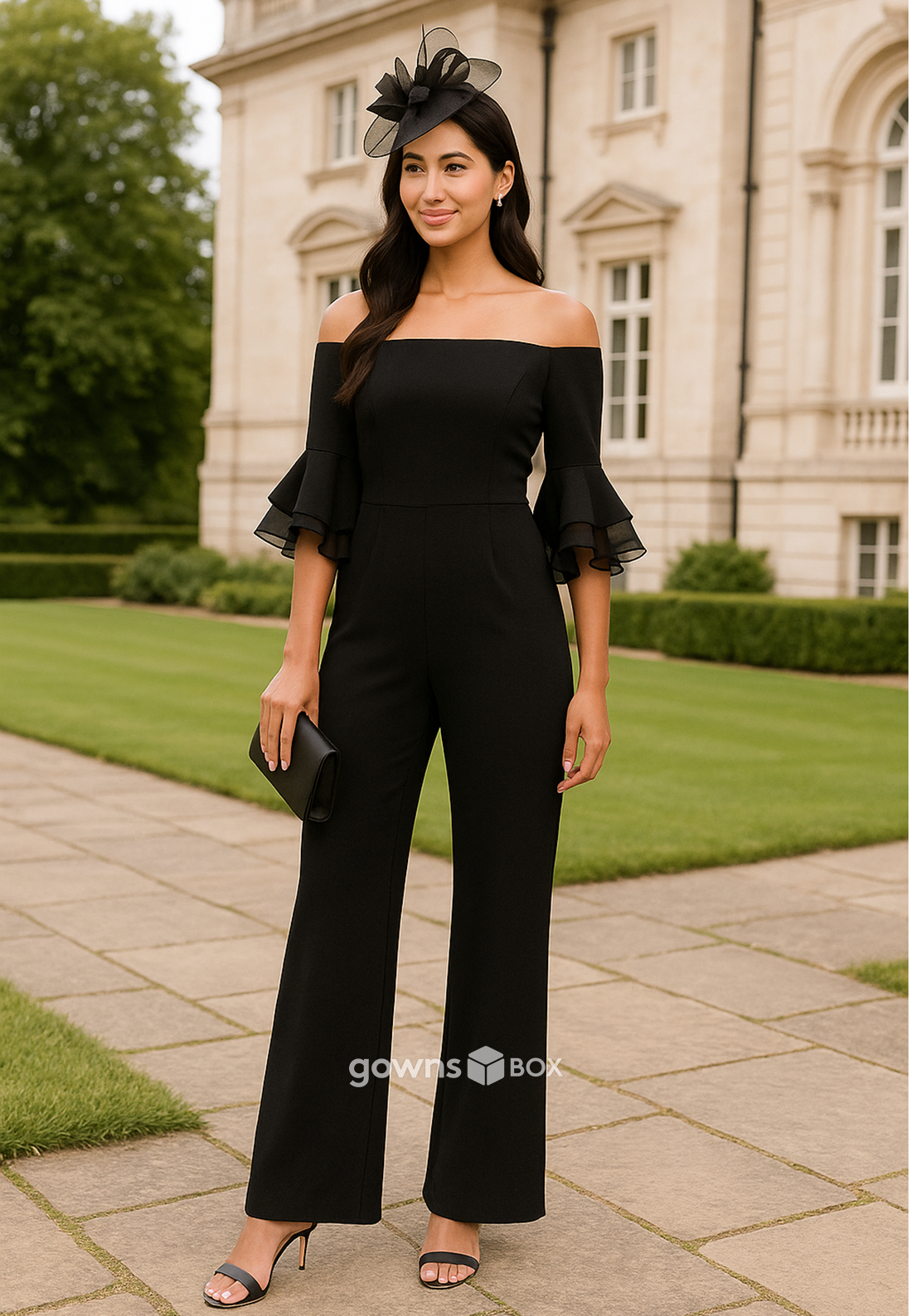 Off the Shoulder Bell Sleeves Ankle-Length Jumpsuit Mother of the Bride Dresses-GownsBox