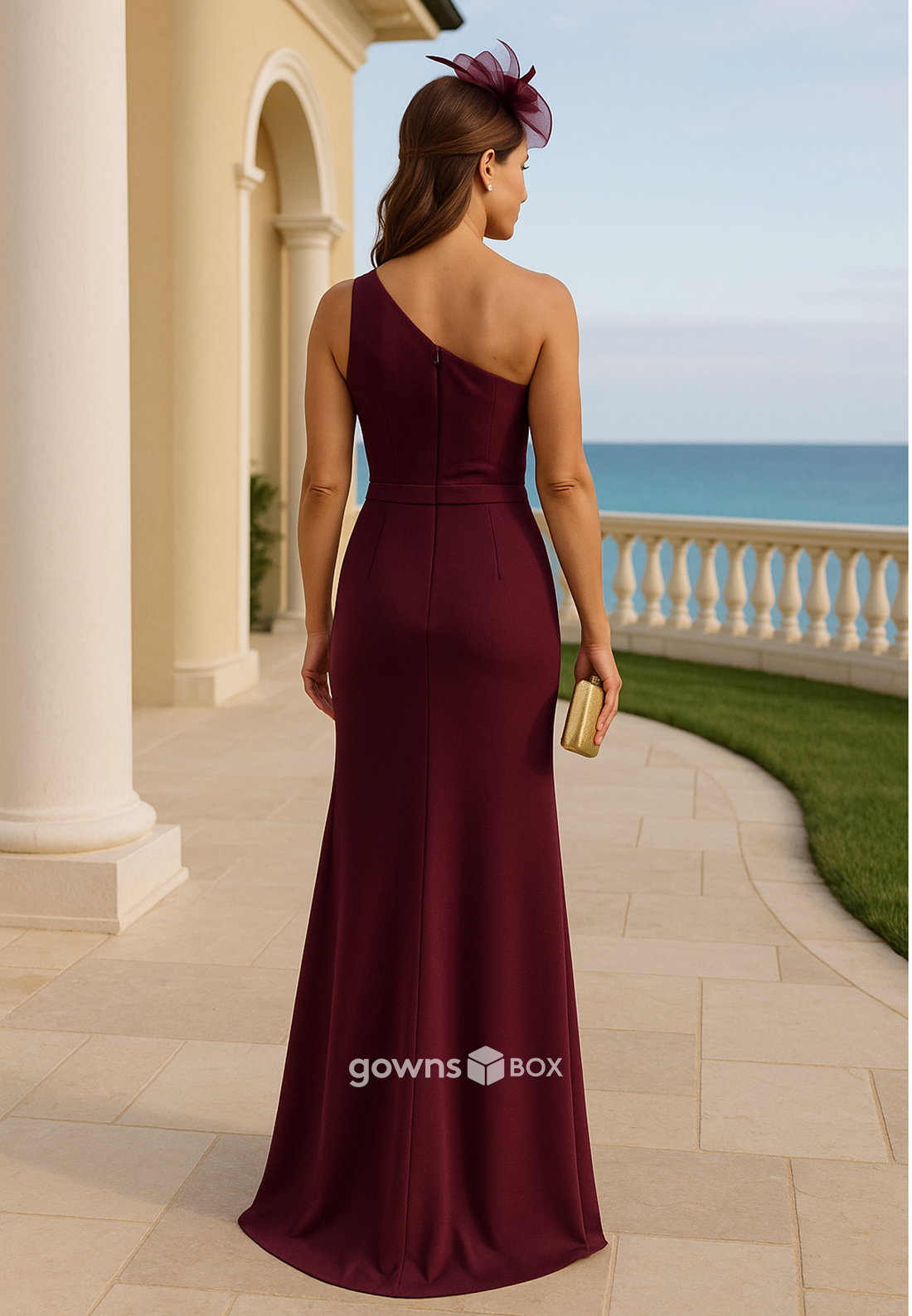 One Shoulder Side Slit Pleated Floor-Length Trumpet Mother of the Bride Dresses-GownsBox