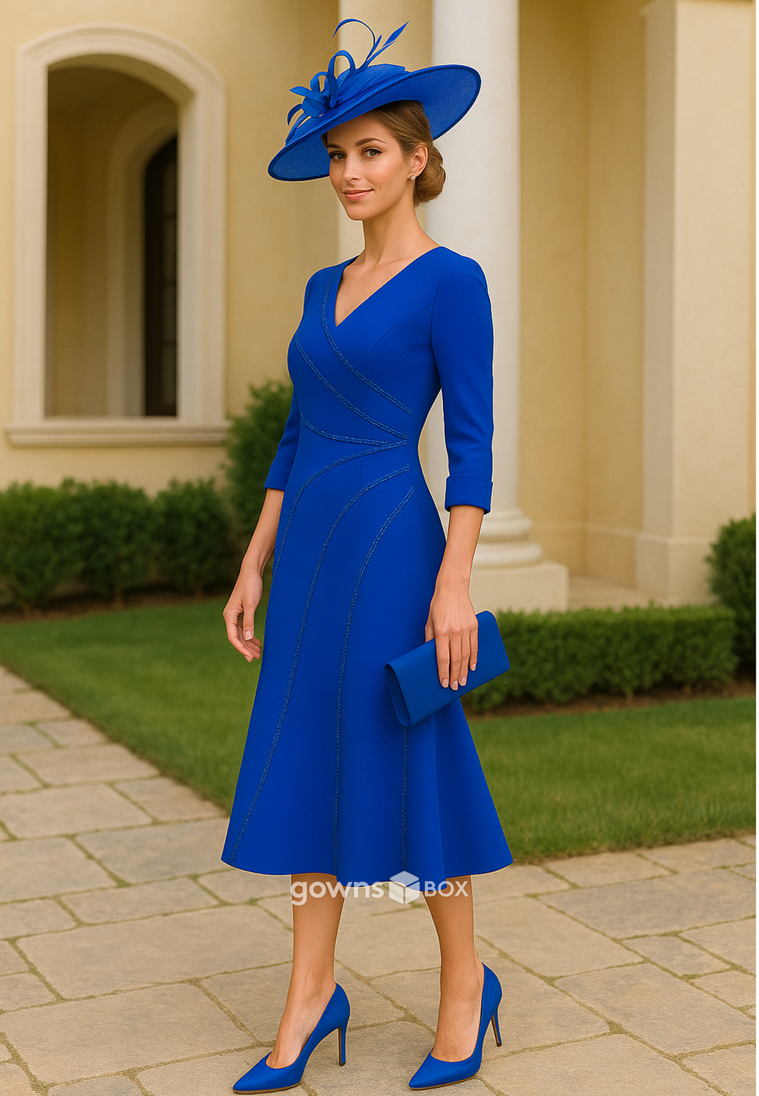 3/4 Sleeve A-Line V-Neck Royal Blue Tea-Length Mother of the Bride Dresses-GownsBox