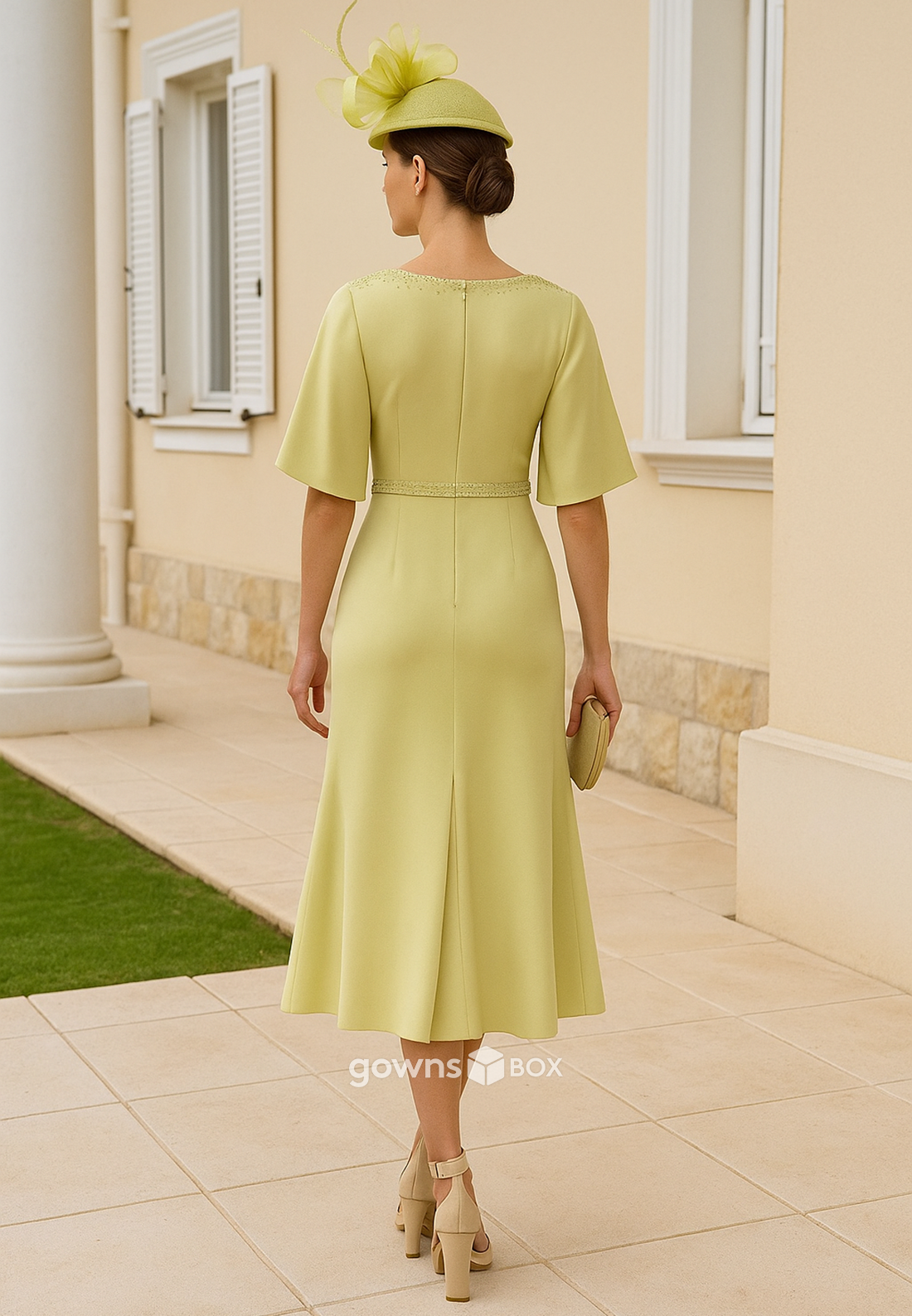 Flutter Sleeves Pleated Cocktail Dresses Tea-Length Mermaid Mother of the Bride Dresses-GownsBox