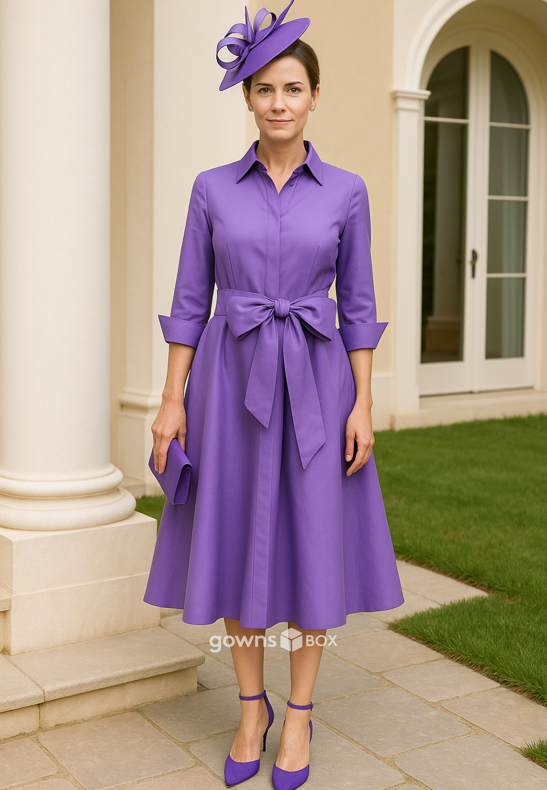 Waistband Bowknot A-Line Pleated 3/4 Sleeve Tea-Length Mother of the Bride Dresses-GownsBox