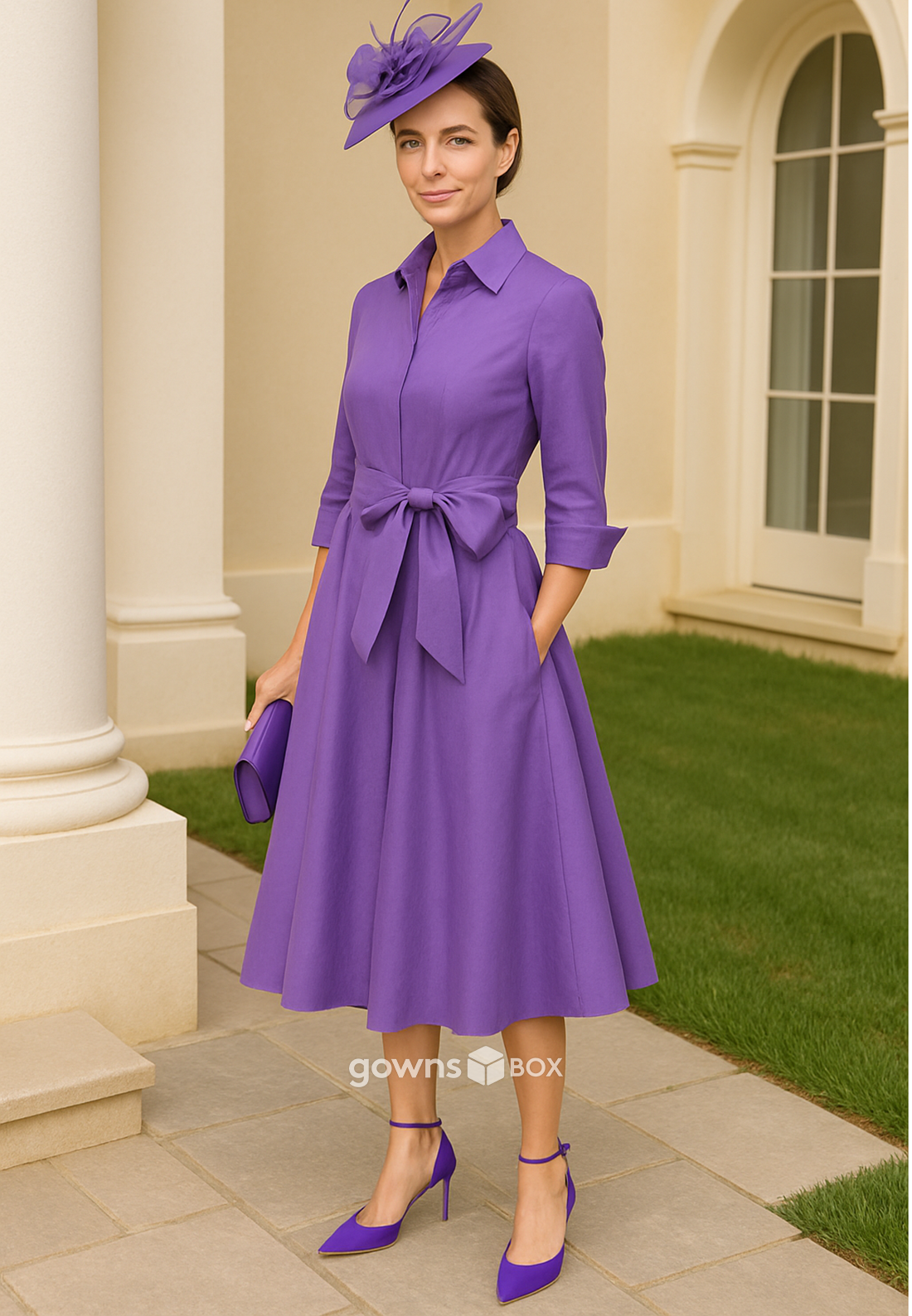 Waistband Bowknot A-Line Pleated 3/4 Sleeve Tea-Length Mother of the Bride Dresses-GownsBox