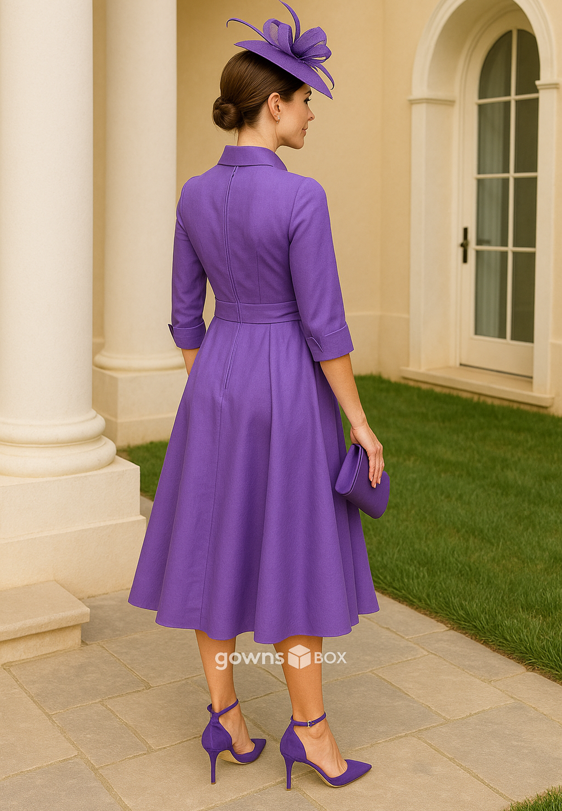 Waistband Bowknot A-Line Pleated 3/4 Sleeve Tea-Length Mother of the Bride Dresses-GownsBox