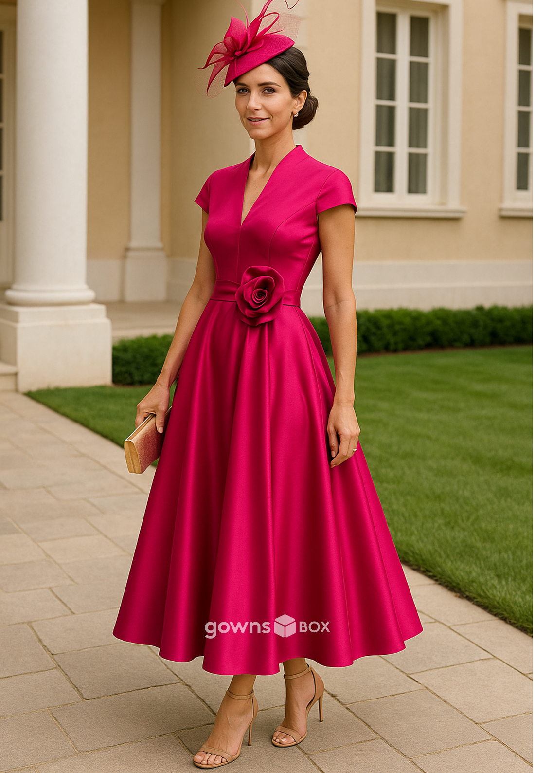 Cap Sleeves V-Neck Tea-Length Pleated A-Line Flower Satin Mother of the Bride Dresses