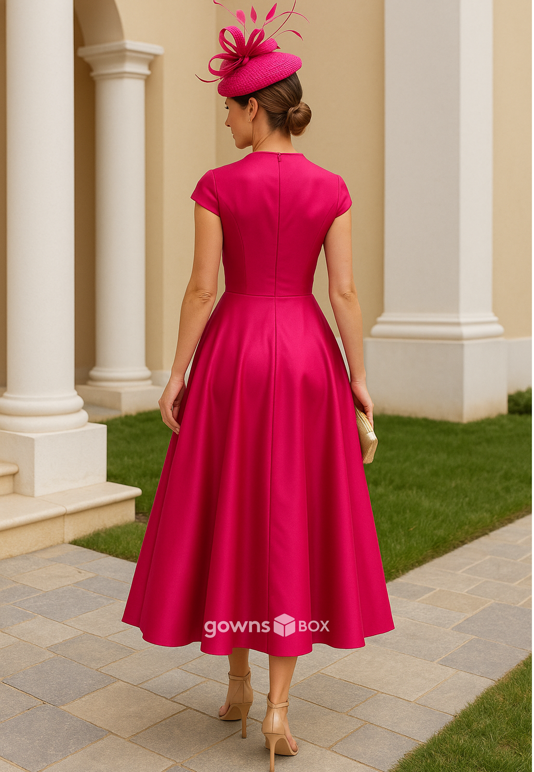 Cap Sleeves V-Neck Tea-Length Pleated A-Line Flower Satin Mother of the Bride Dresses